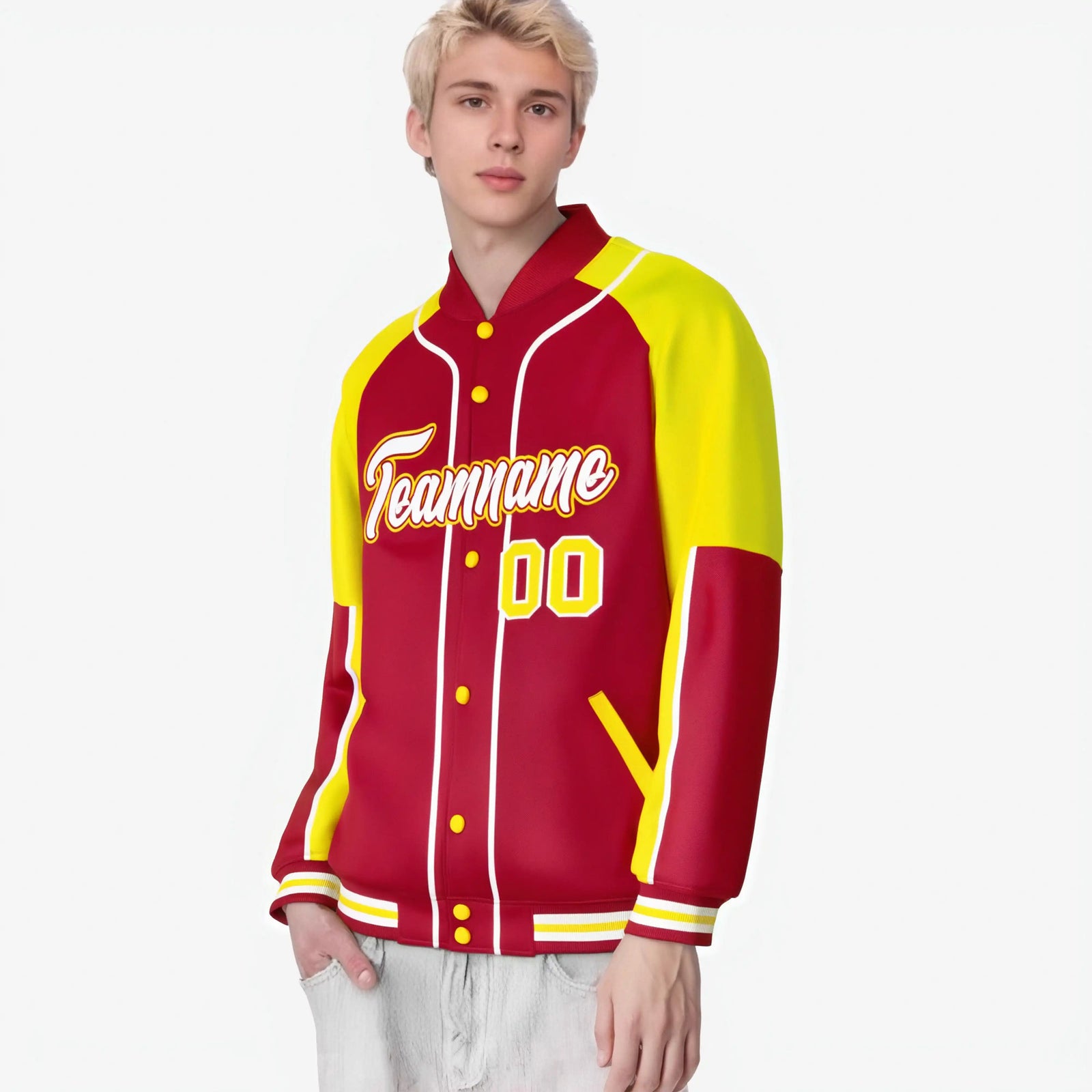 Custom Red Gold-Red Varsity Full-Snap Color Block Letterman Jacket