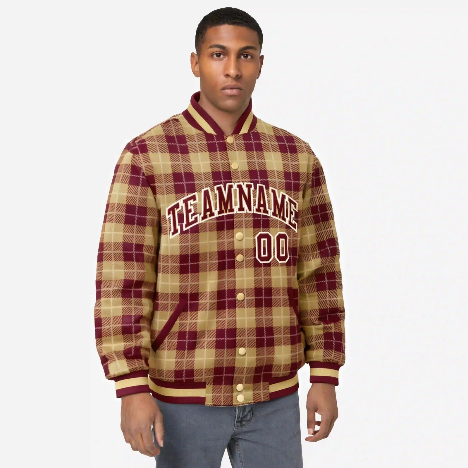 Custom Red-Gold Varsity Full-Snap Plaid Pattern Letterman Baseball Jacket