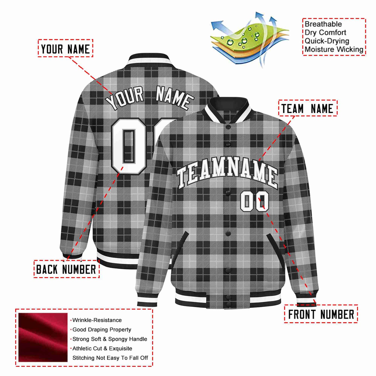 Custom Gray-Black Varsity Full-Snap Plaid Pattern Letterman Baseball Jacket