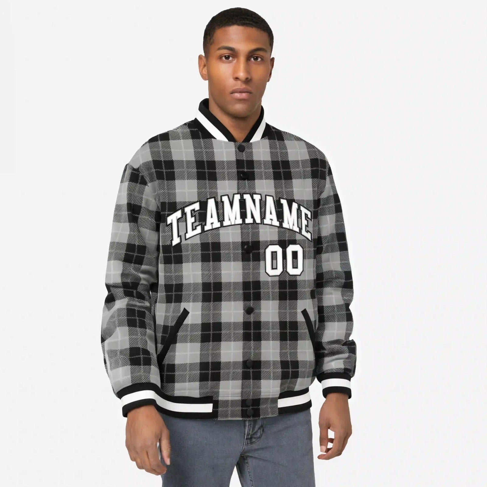 Custom Gray-Black Varsity Full-Snap Plaid Pattern Letterman Baseball Jacket