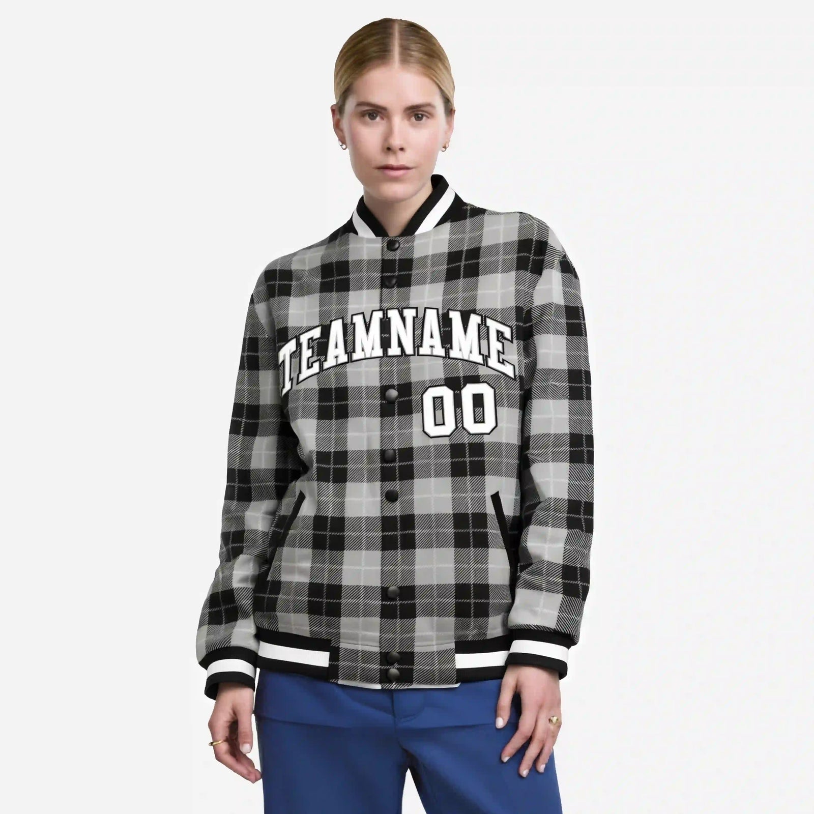 Custom Gray-Black Varsity Full-Snap Plaid Pattern Letterman Baseball Jacket