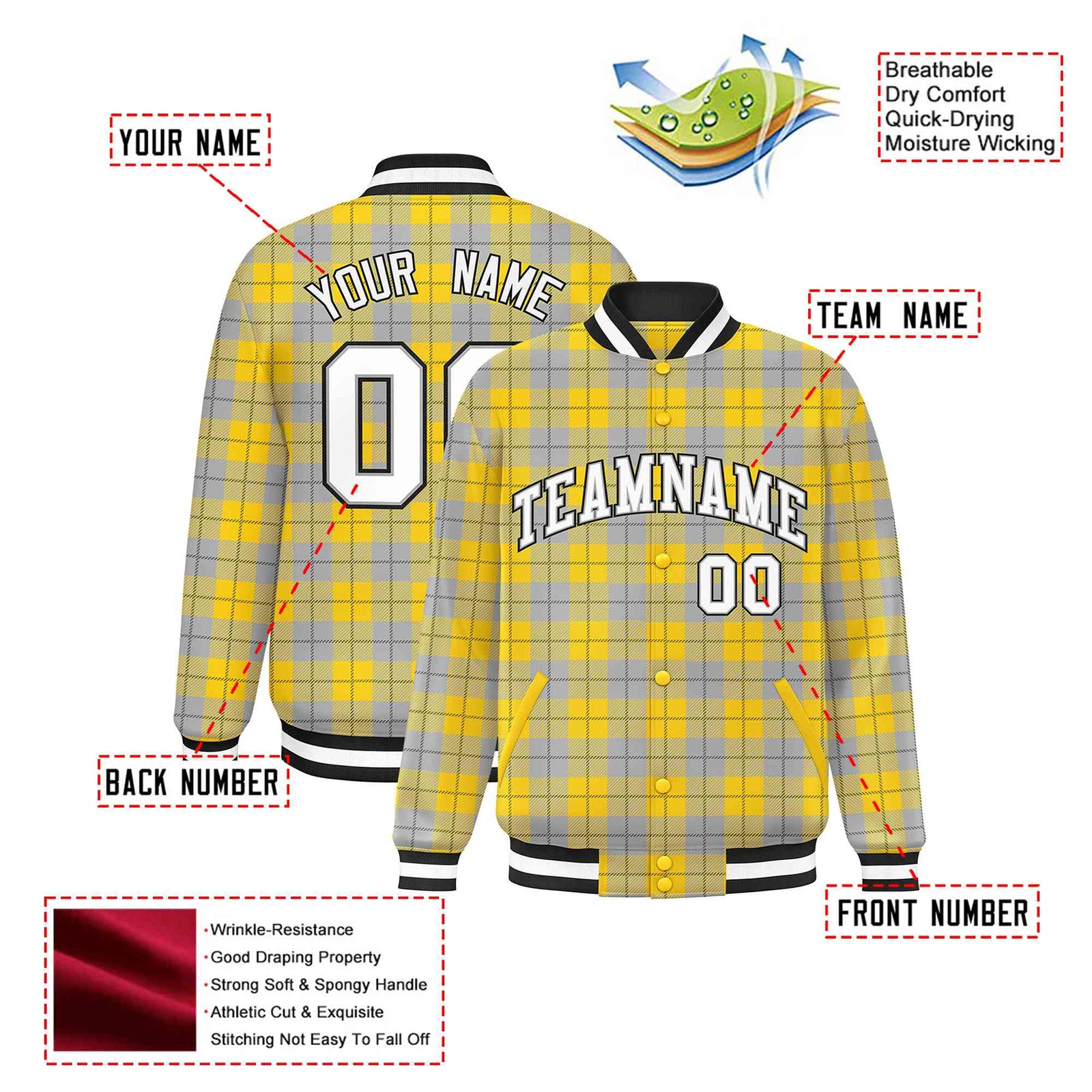 Custom Gold-Gray Varsity Full-Snap Plaid Pattern Letterman Baseball Jacket