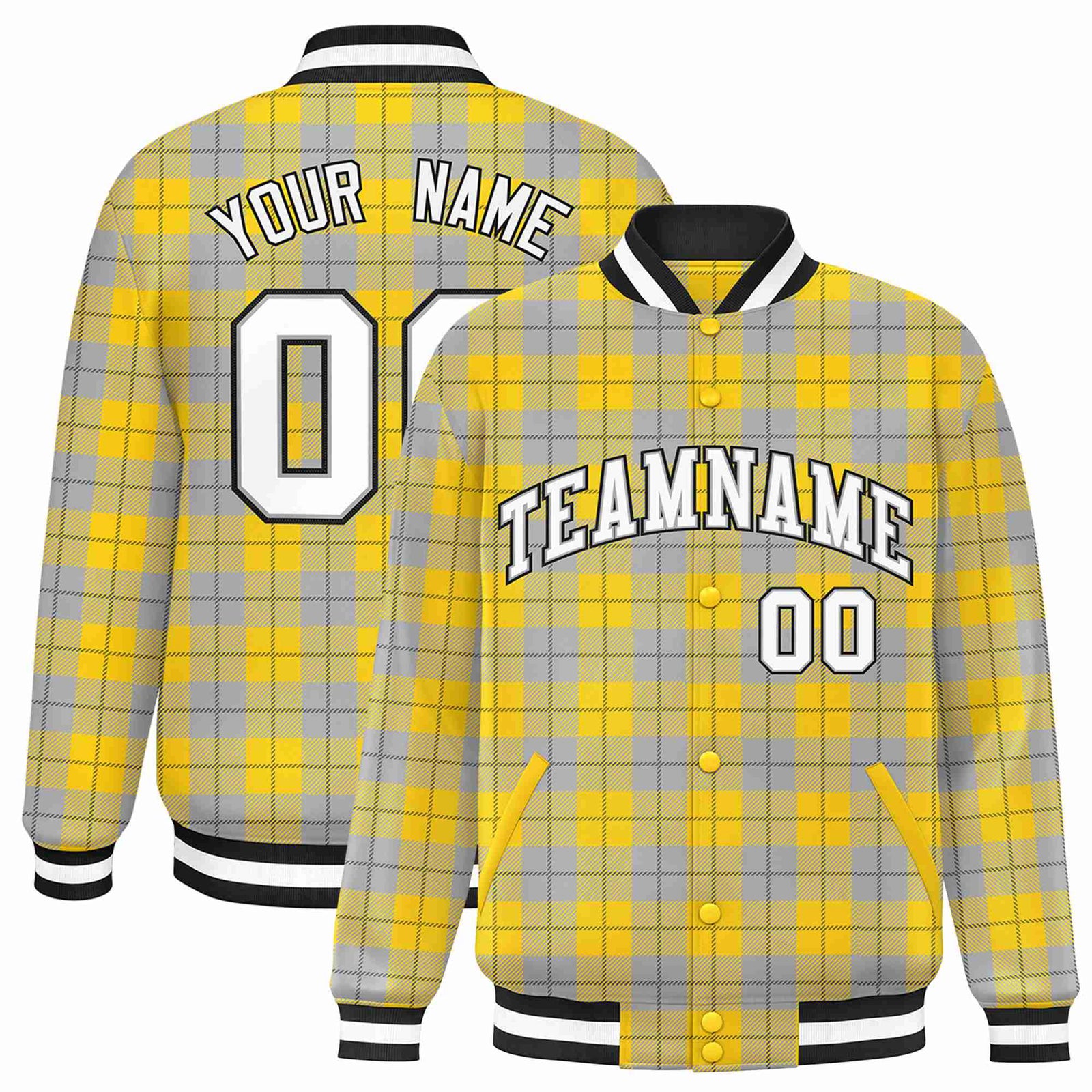 Custom Gold-Gray Varsity Full-Snap Plaid Pattern Letterman Baseball Jacket