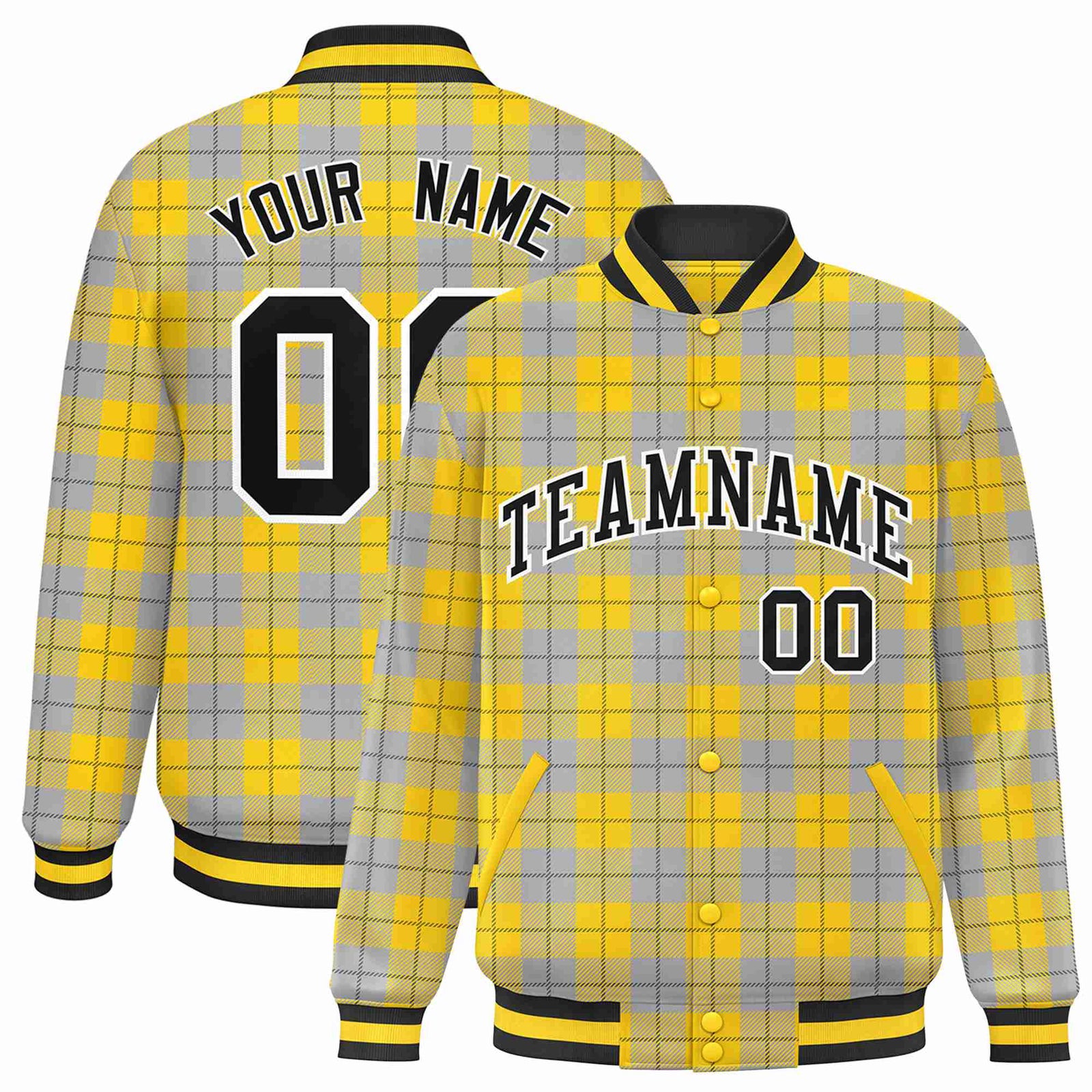Custom Gold-Gray Varsity Full-Snap Plaid Pattern Letterman Baseball Jacket