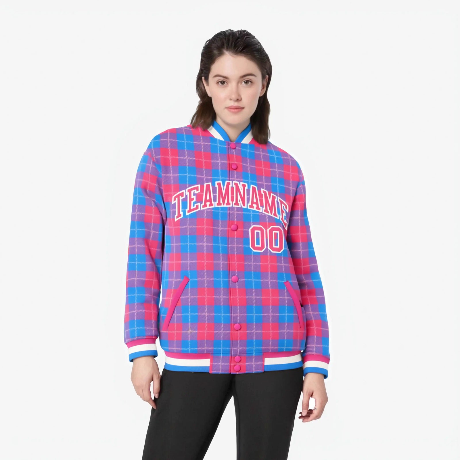 Custom Powder Blue-Pink Varsity Full-Snap Plaid Pattern Letterman Baseball Jacket