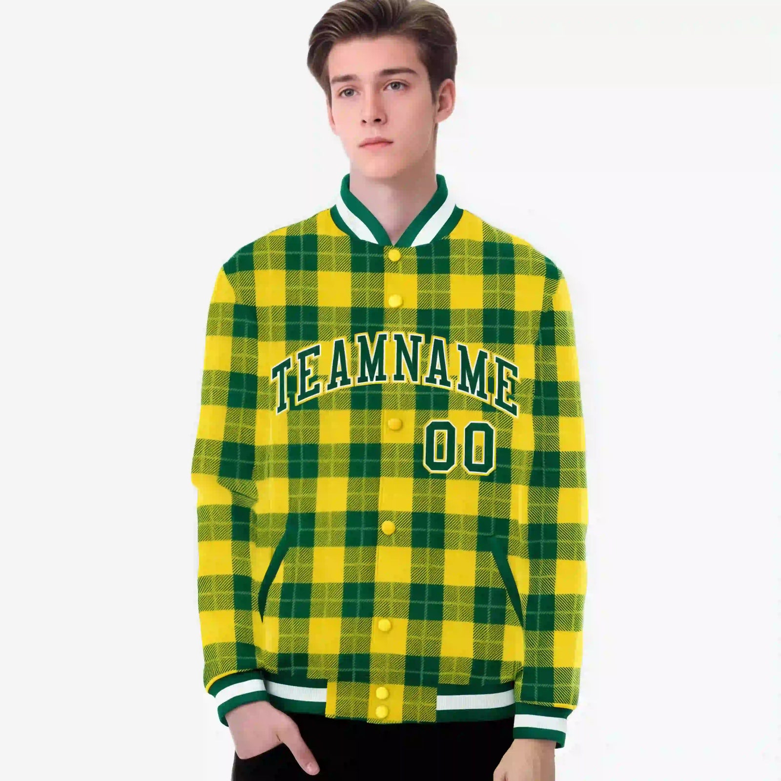 Custom Gold-Green Varsity Full-Snap Plaid Pattern Letterman Baseball Jacket