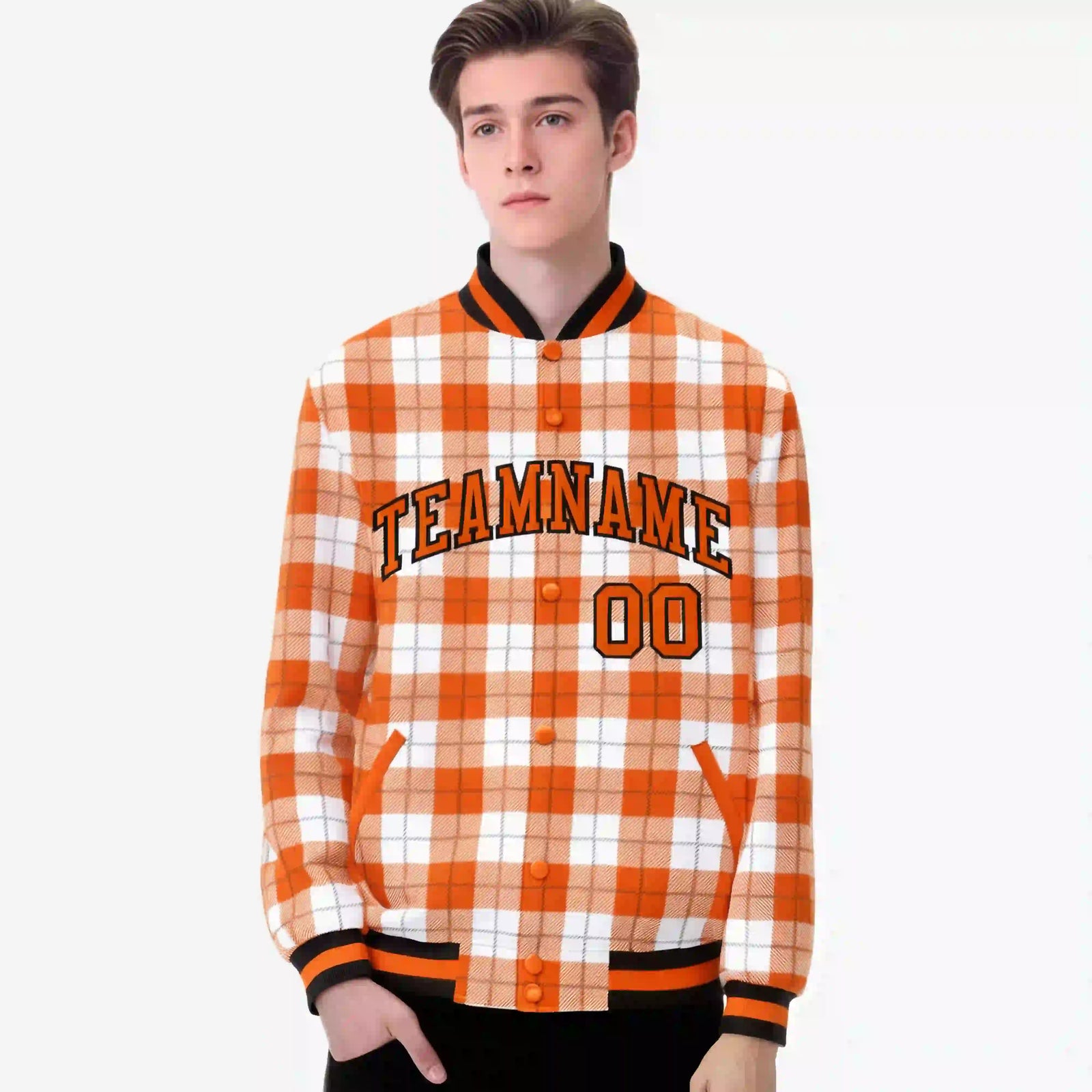 Custom Orange-White Varsity Full-Snap Plaid Pattern Letterman Baseball Jacket