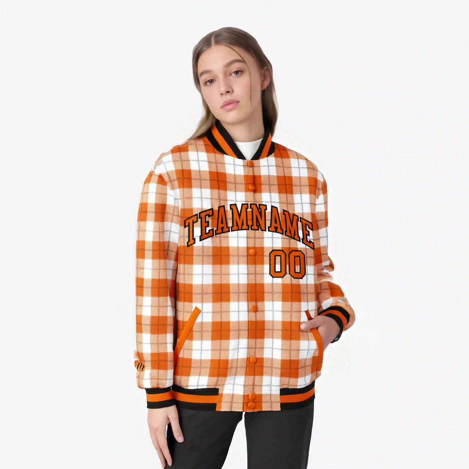 Custom Orange-White Varsity Full-Snap Plaid Pattern Letterman Baseball Jacket