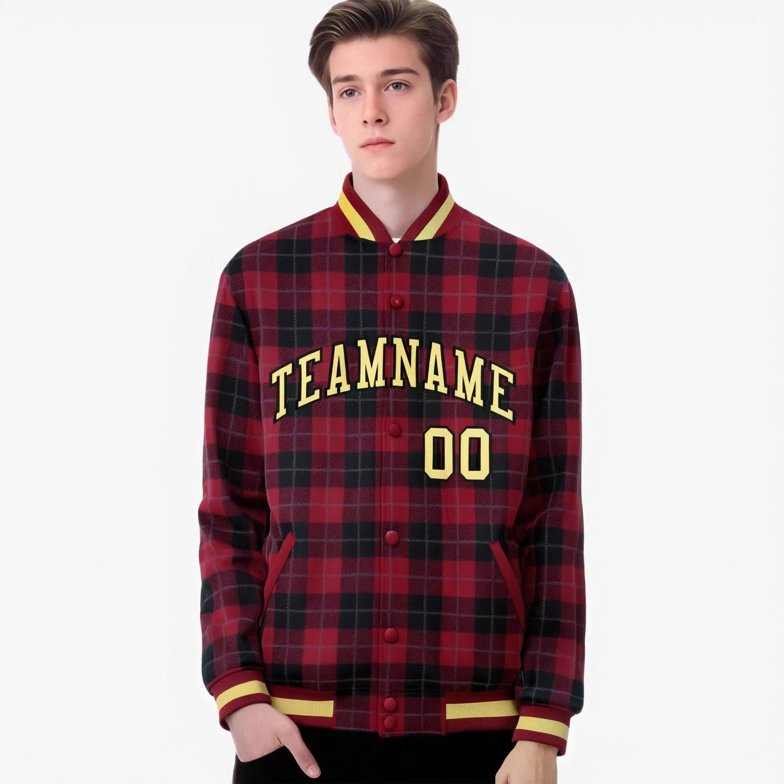 Custom Crimson-Black Varsity Full-Snap Plaid Pattern Letterman Baseball Jacket