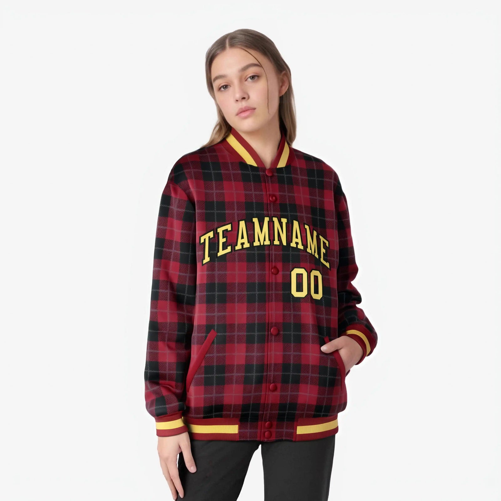 Custom Crimson-Black Varsity Full-Snap Plaid Pattern Letterman Baseball Jacket