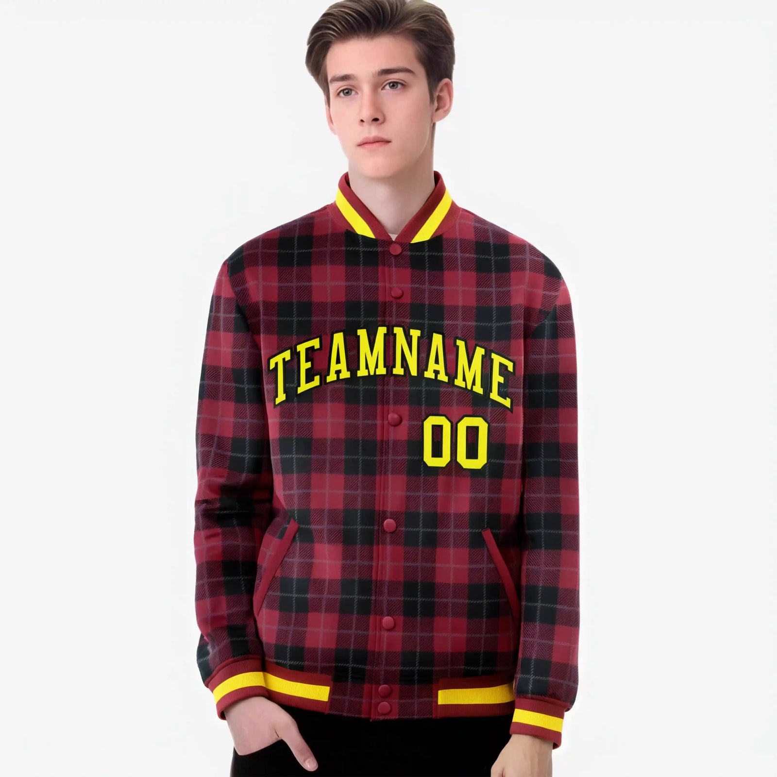 Custom Crimson-Black Varsity Full-Snap Plaid Pattern Letterman Baseball Jacket