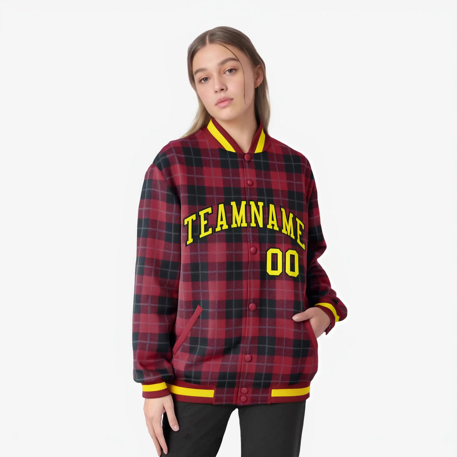 Custom Crimson-Black Varsity Full-Snap Plaid Pattern Letterman Baseball Jacket