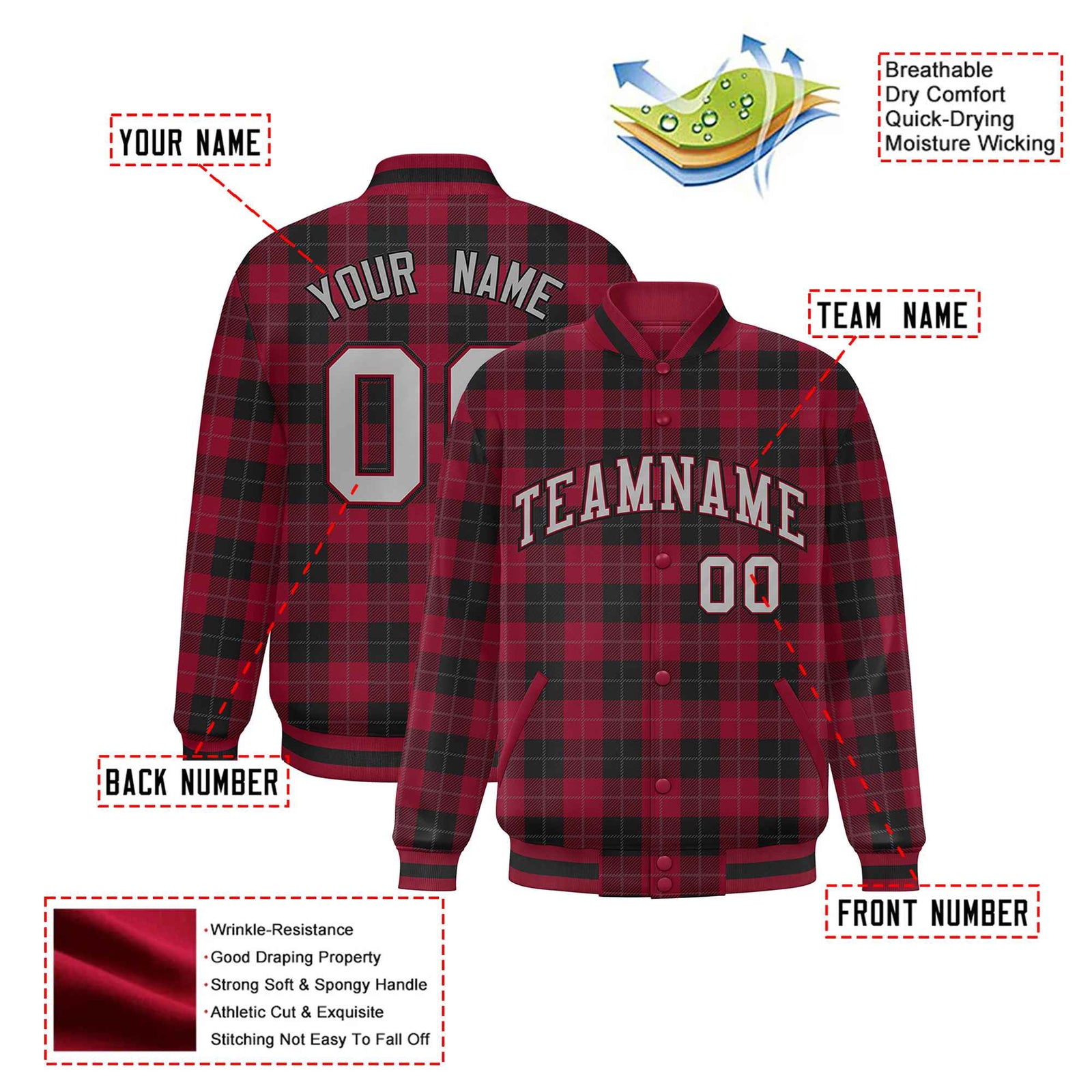 Custom Crimson-Black Varsity Full-Snap Plaid Pattern Letterman Baseball Jacket