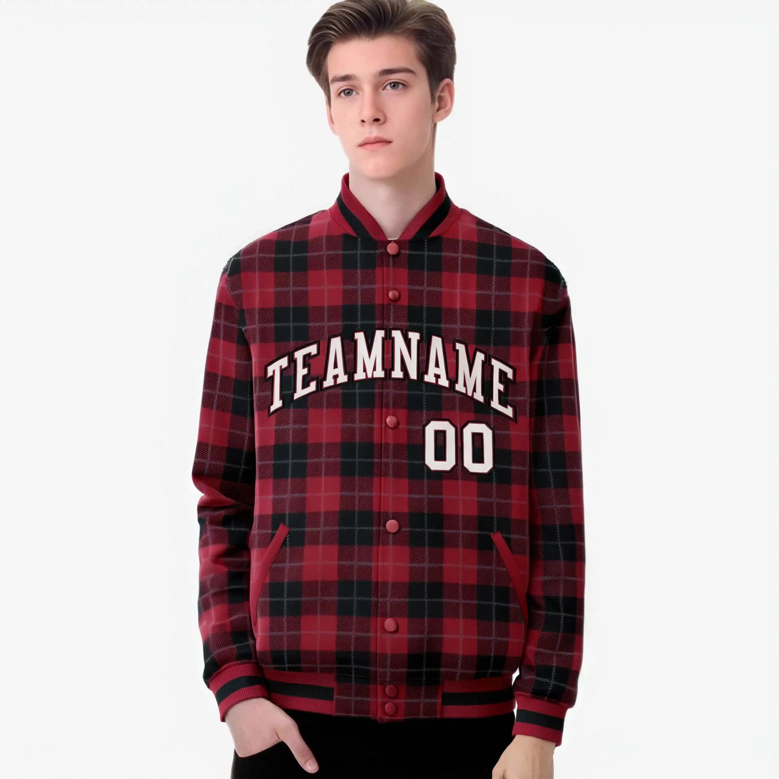 Custom Crimson-Black Varsity Full-Snap Plaid Pattern Letterman Baseball Jacket