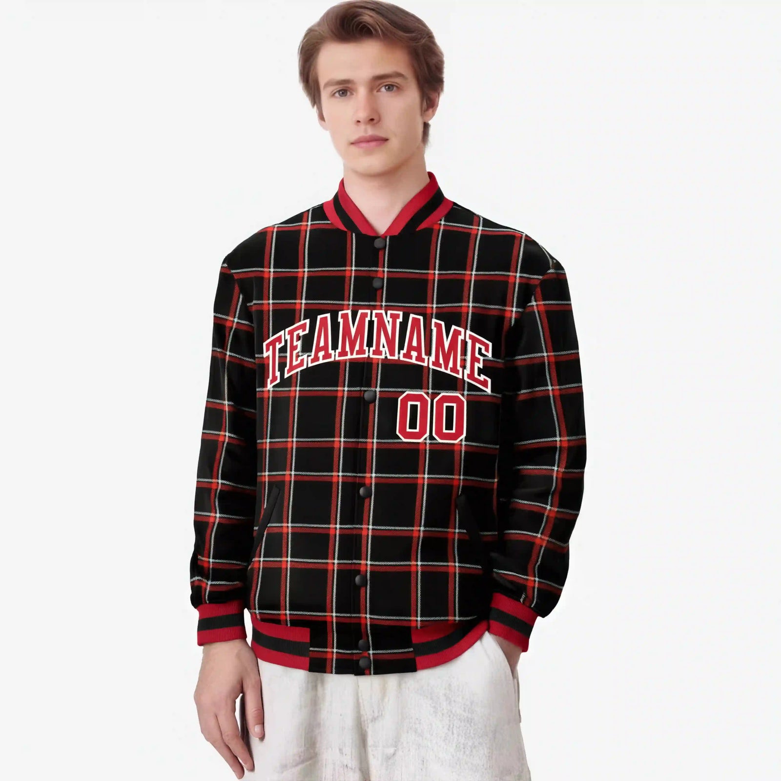Custom Black-Red Varsity Full-Snap Plaid Pattern Letterman Baseball Jacket