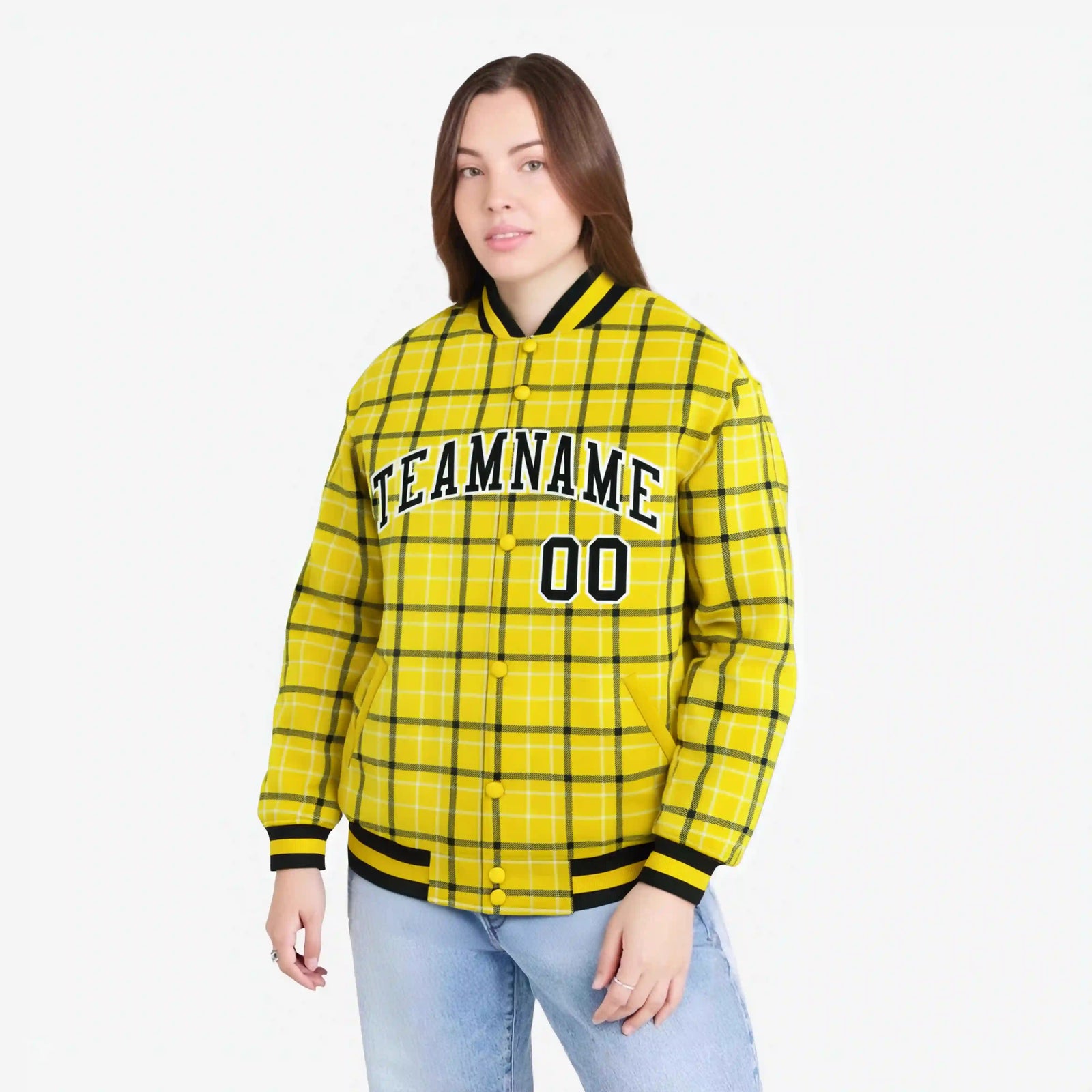 Custom Gold-Black Varsity Full-Snap Plaid Pattern Letterman Baseball Jacket