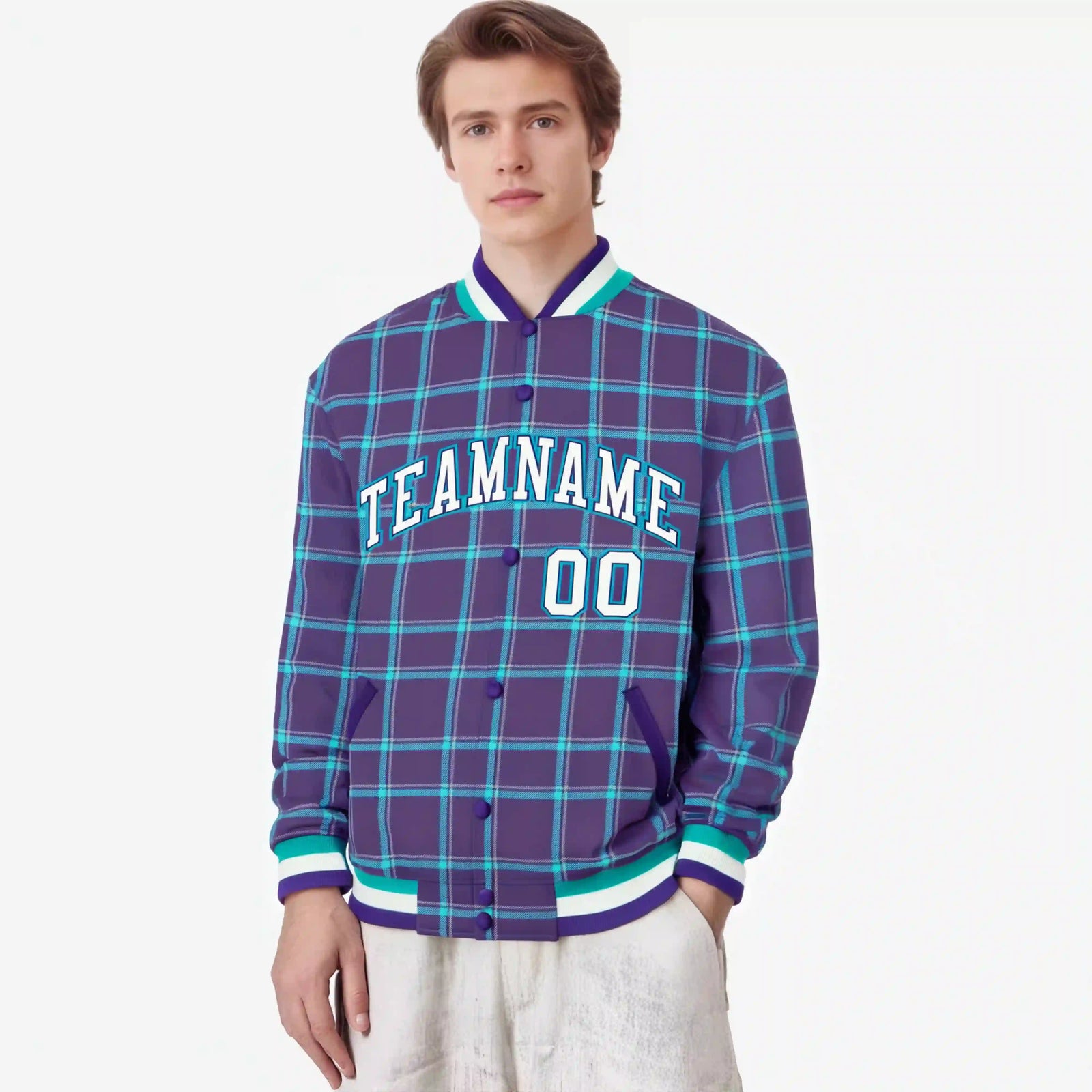 Custom Purple-Aqua Varsity Full-Snap Plaid Pattern Letterman Baseball Jacket