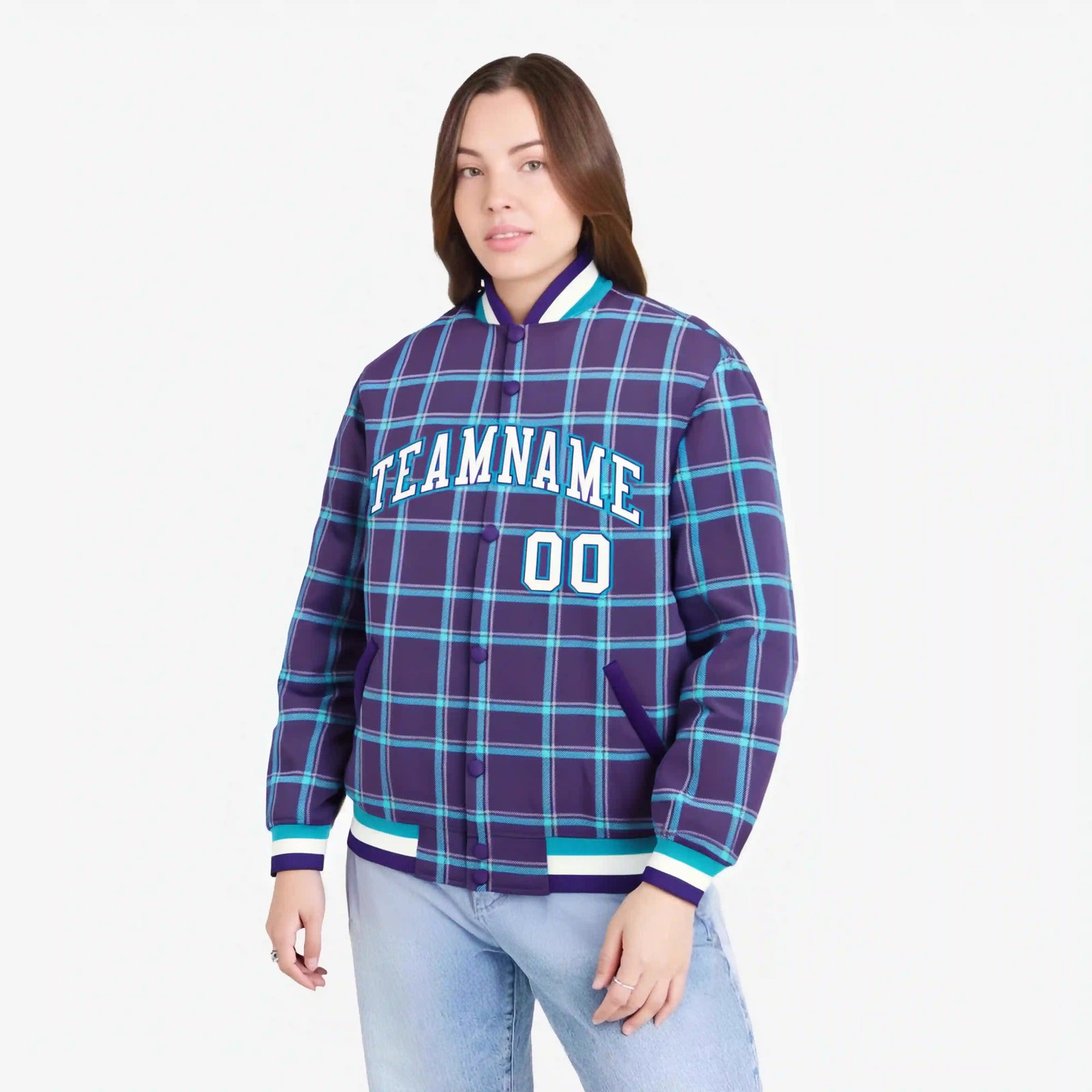 Custom Purple-Aqua Varsity Full-Snap Plaid Pattern Letterman Baseball Jacket