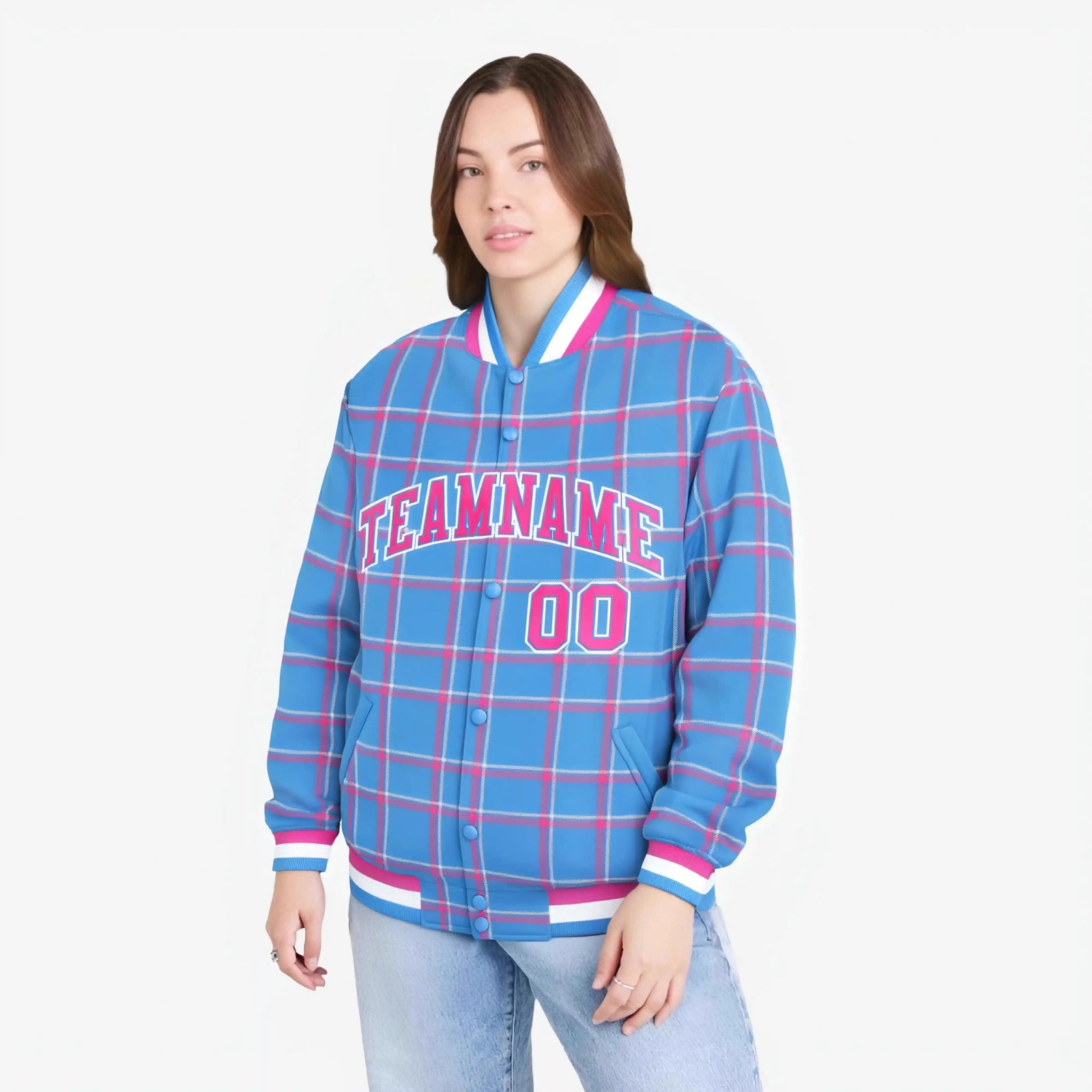 Custom Powder Blue-Pink Varsity Full-Snap Plaid Pattern Letterman Baseball Jacket