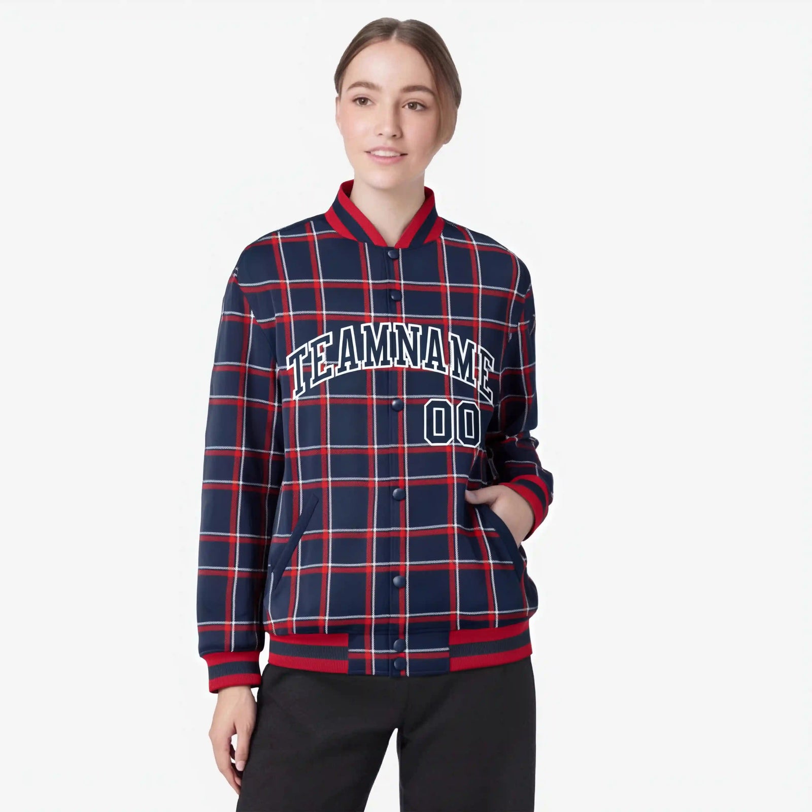 Custom Navy-Red Varsity Full-Snap Plaid Pattern Letterman Baseball Jacket