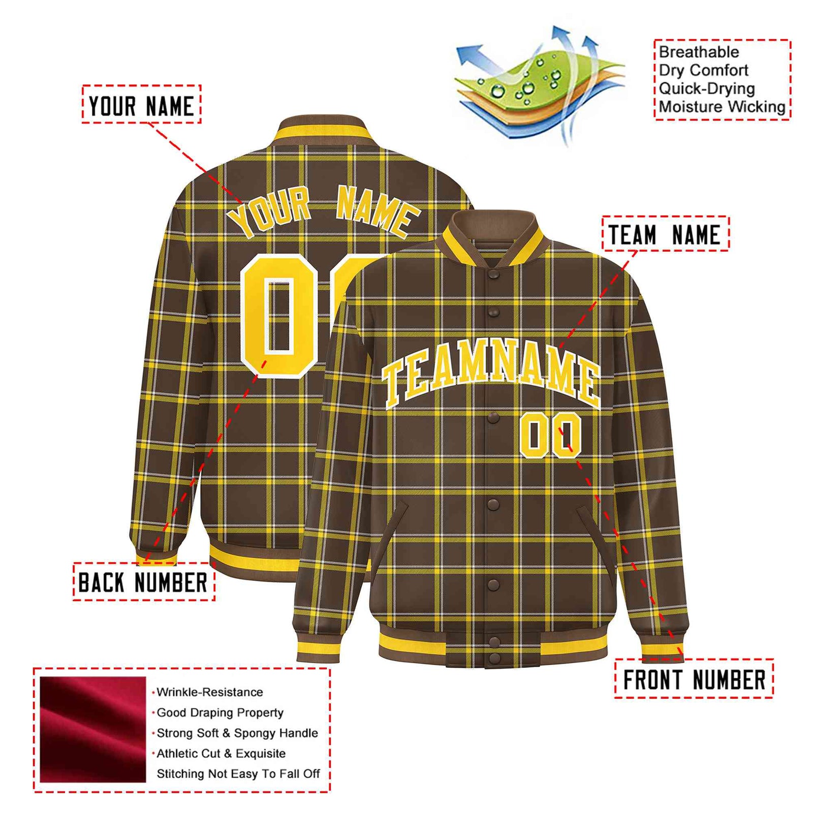 Custom Light Brown-Gold Varsity Full-Snap Plaid Pattern Letterman Baseball Jacket