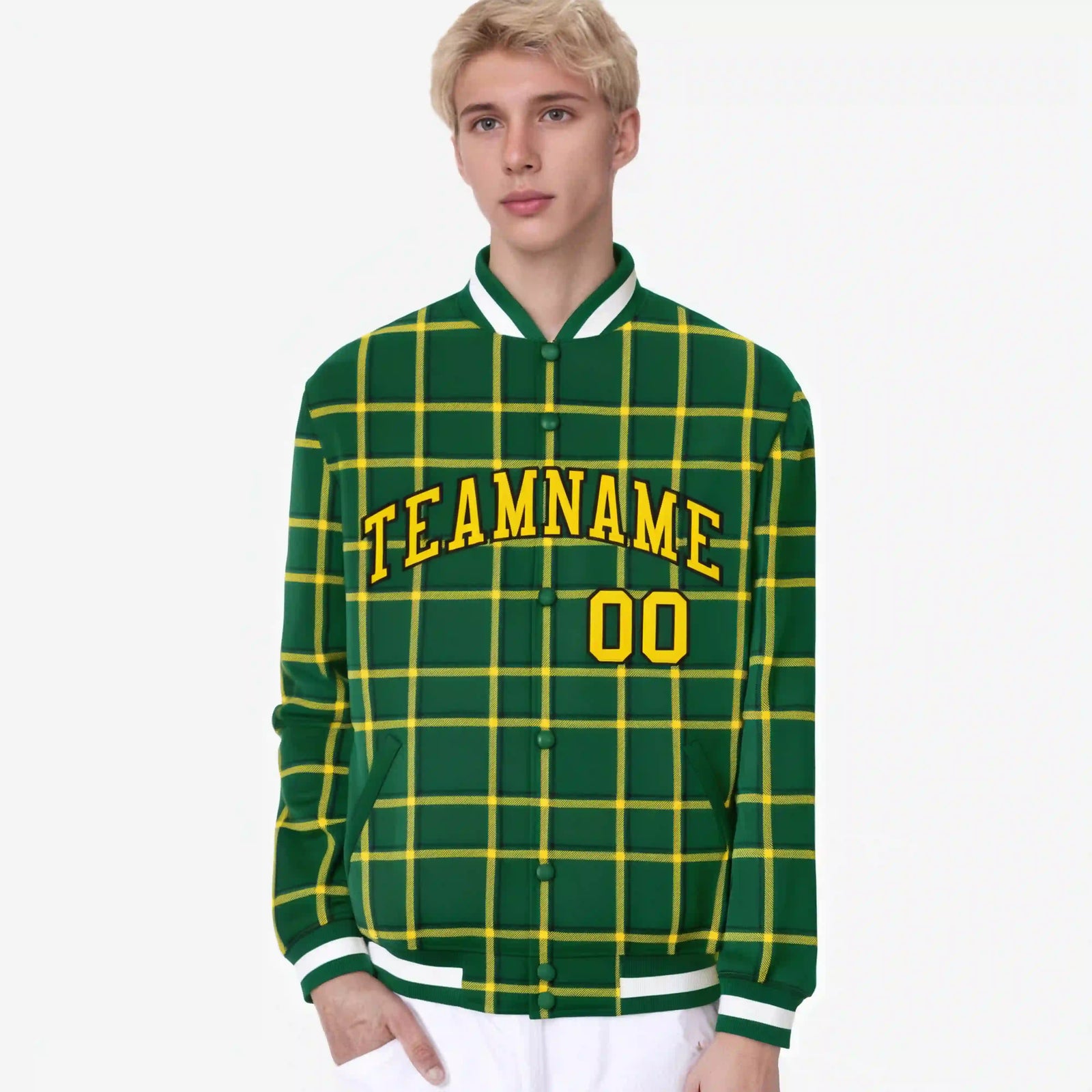 Custom Green-Gold Varsity Full-Snap Plaid Pattern Letterman Baseball Jacket