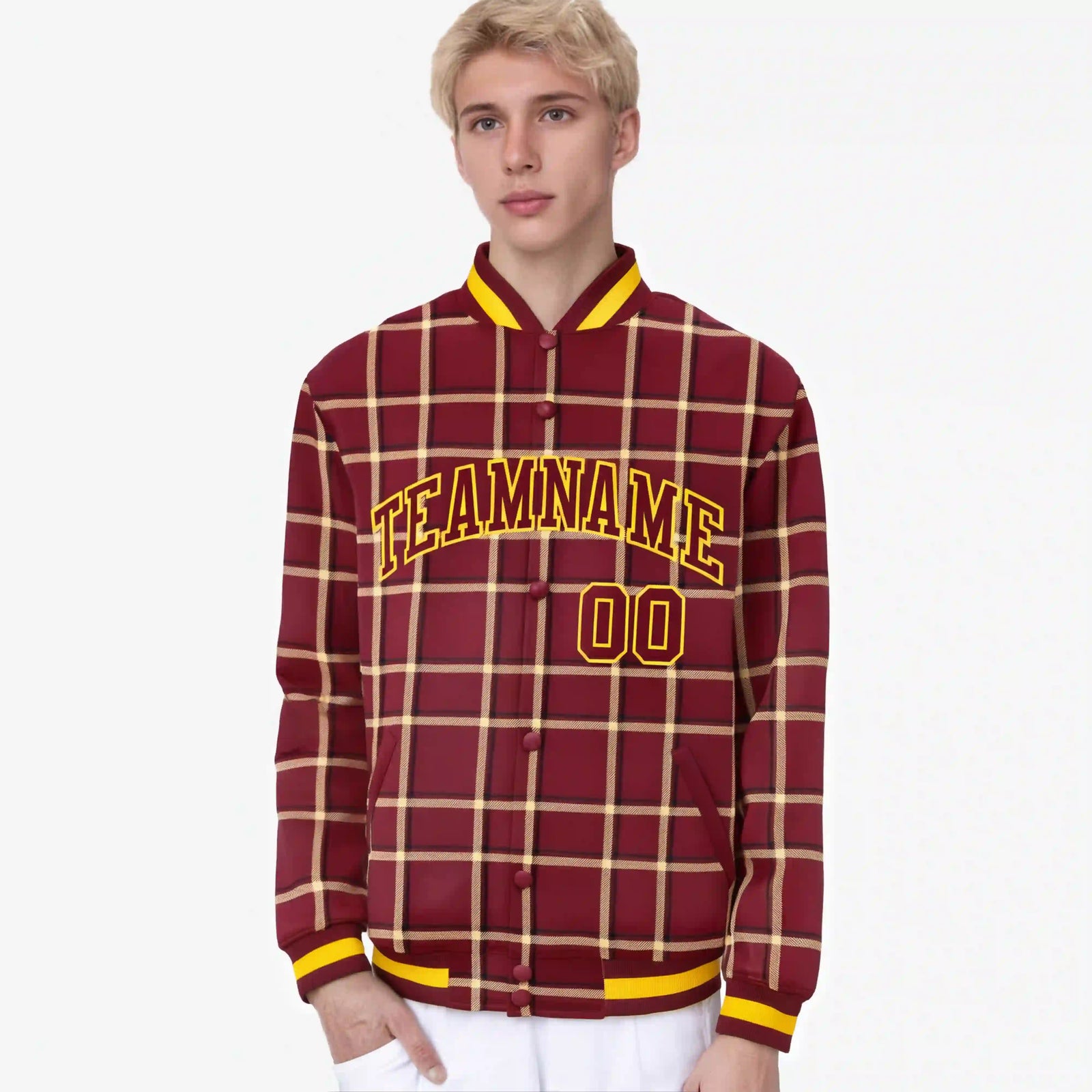 Custom Crimson-Gold Varsity Full-Snap Plaid Pattern Letterman Baseball Jacket