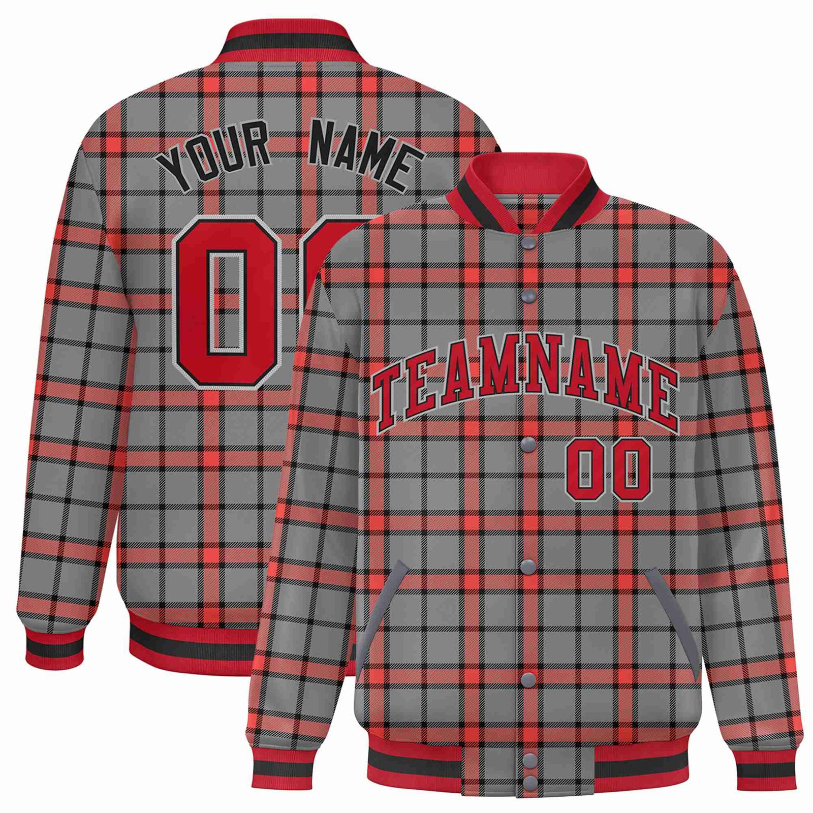 Custom Gray-Red Varsity Full-Snap Plaid Pattern Letterman Baseball Jacket