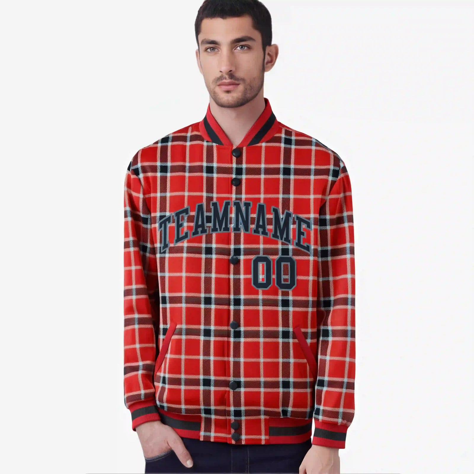 Custom Red-Crimson Varsity Full-Snap Plaid Pattern Letterman Baseball Jacket
