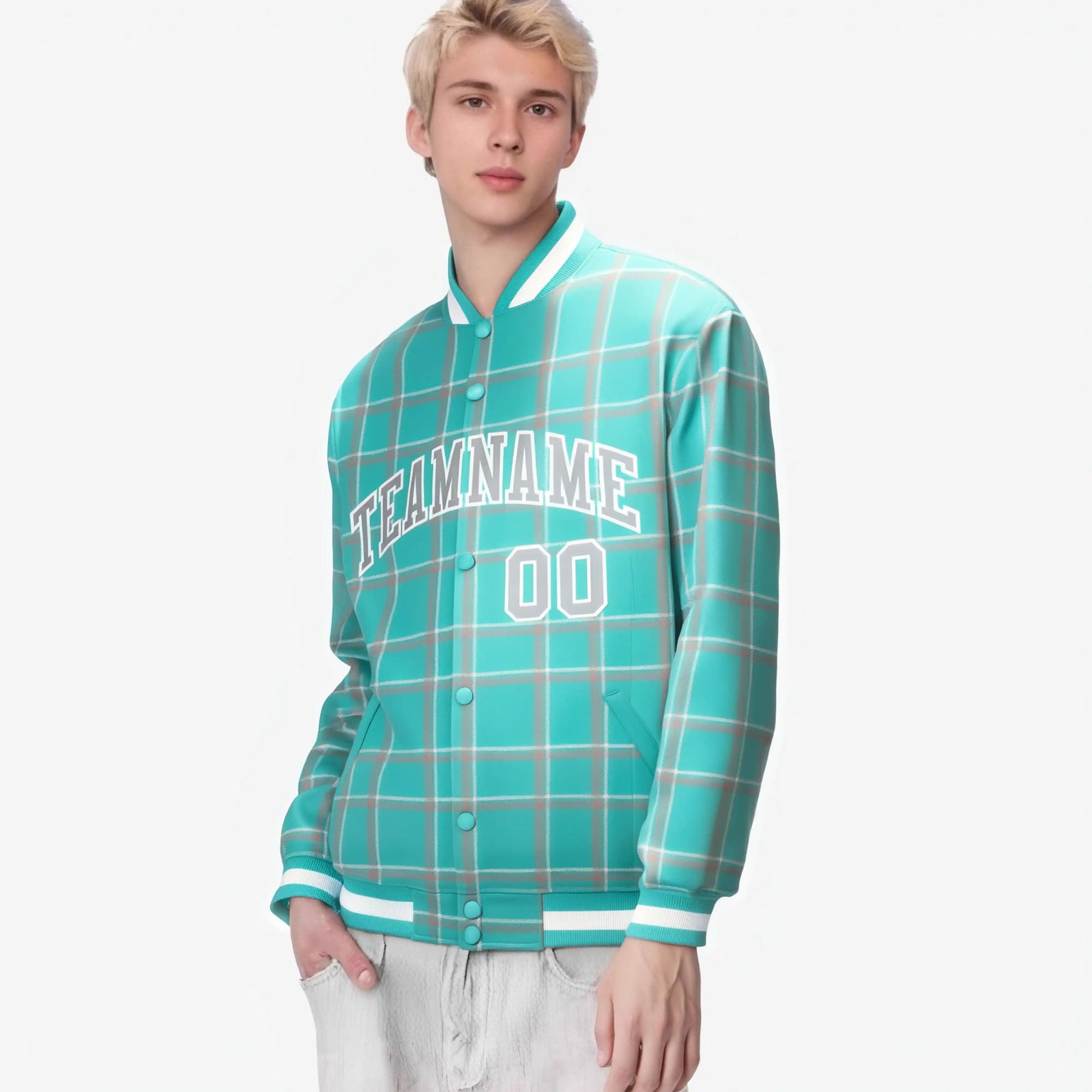 Custom Aqua-Gray Varsity Full-Snap Plaid Pattern Letterman Baseball Jacket