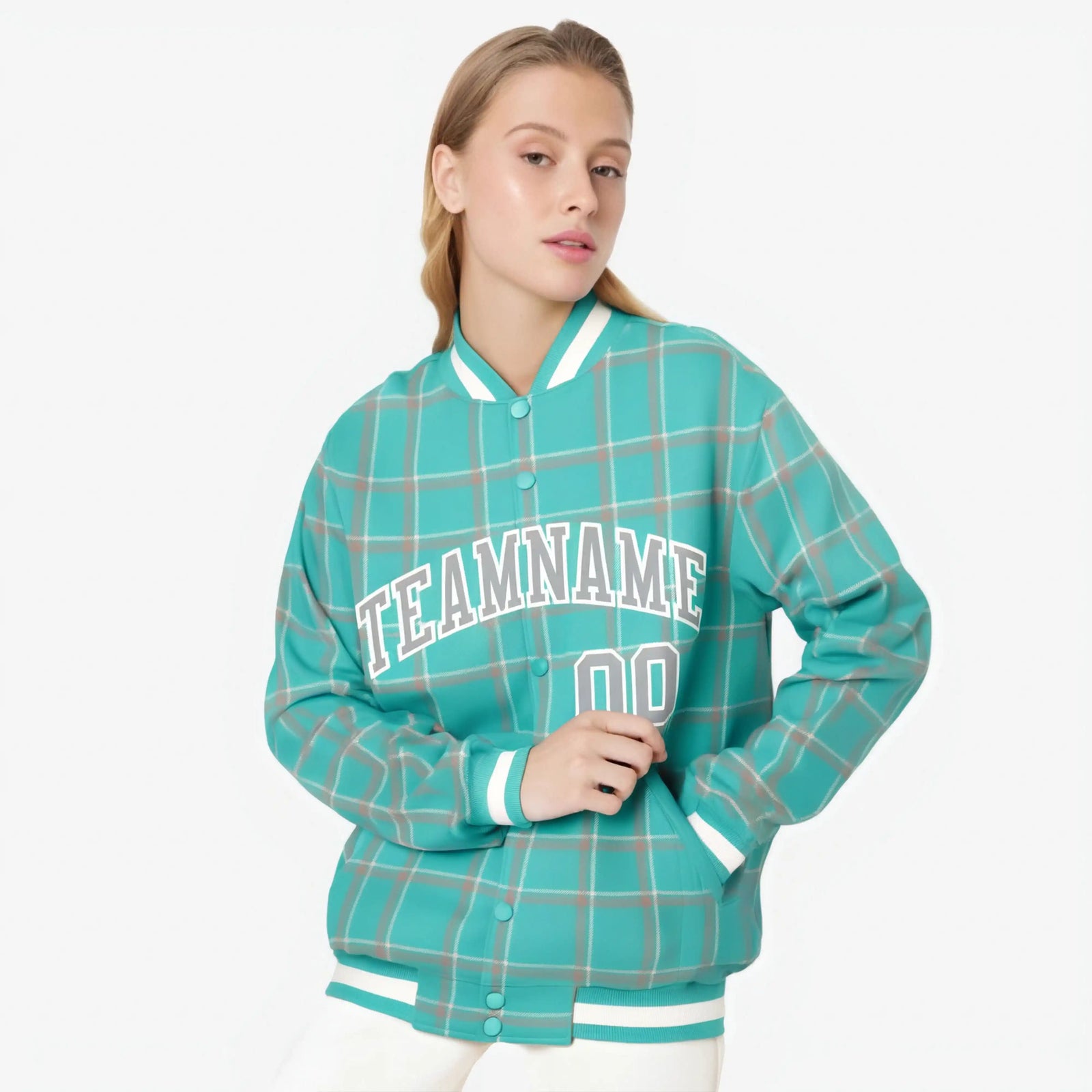 Custom Aqua-Gray Varsity Full-Snap Plaid Pattern Letterman Baseball Jacket