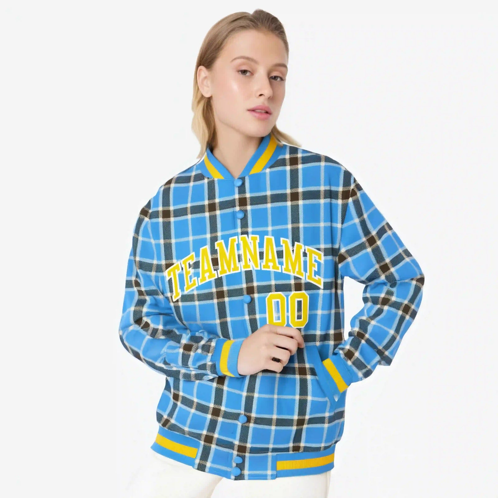 Custom Powder Blue-Dark Gray Varsity Full-Snap Plaid Pattern Letterman Baseball Jacket