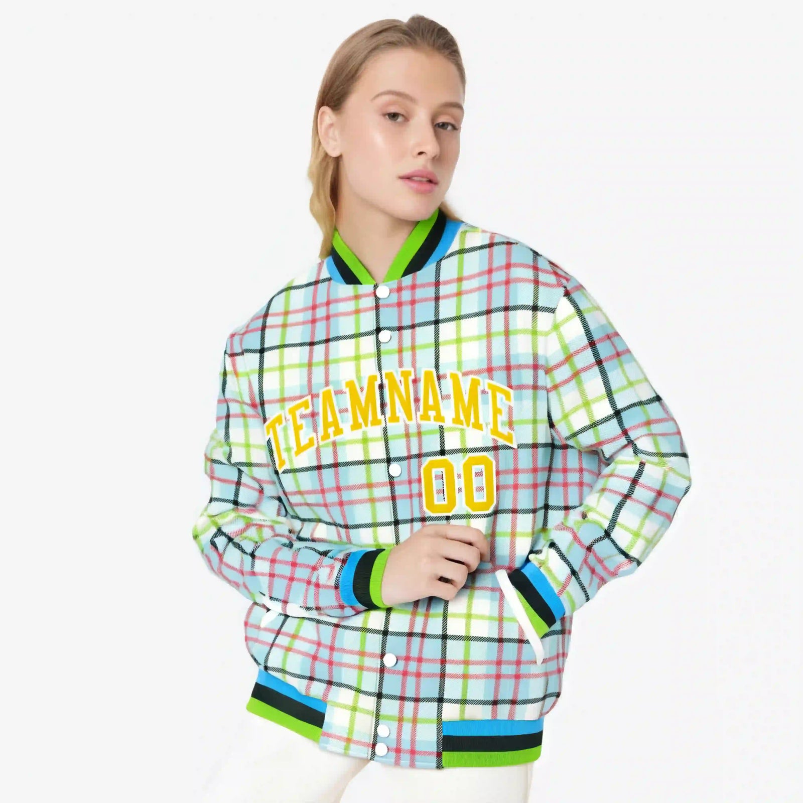 Custom Cream Neon Green-Red Varsity Full-Snap Plaid Pattern Letterman Baseball Jacket