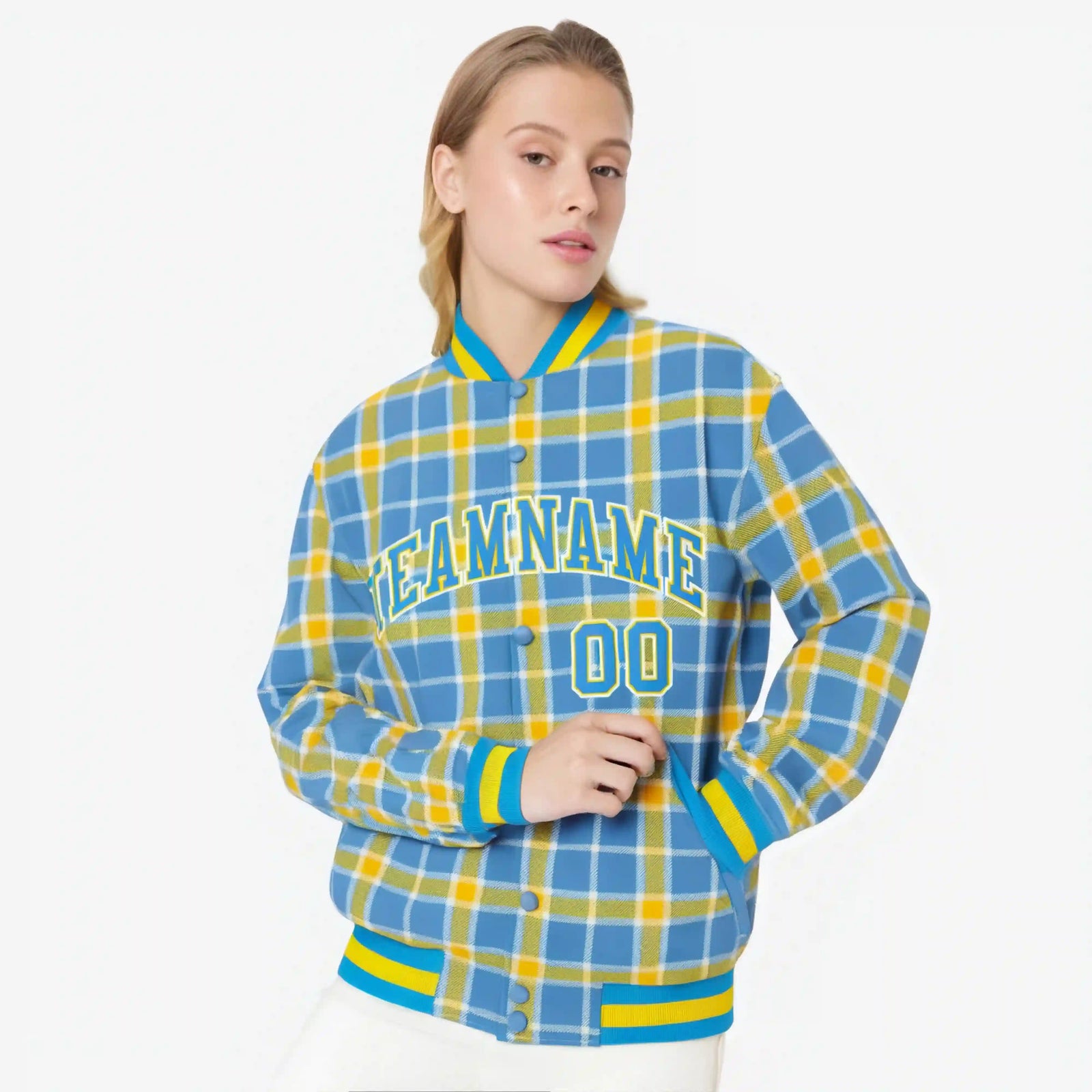 Custom Light Brown-Gold Varsity Full-Snap Plaid Pattern Letterman Baseball Jacket