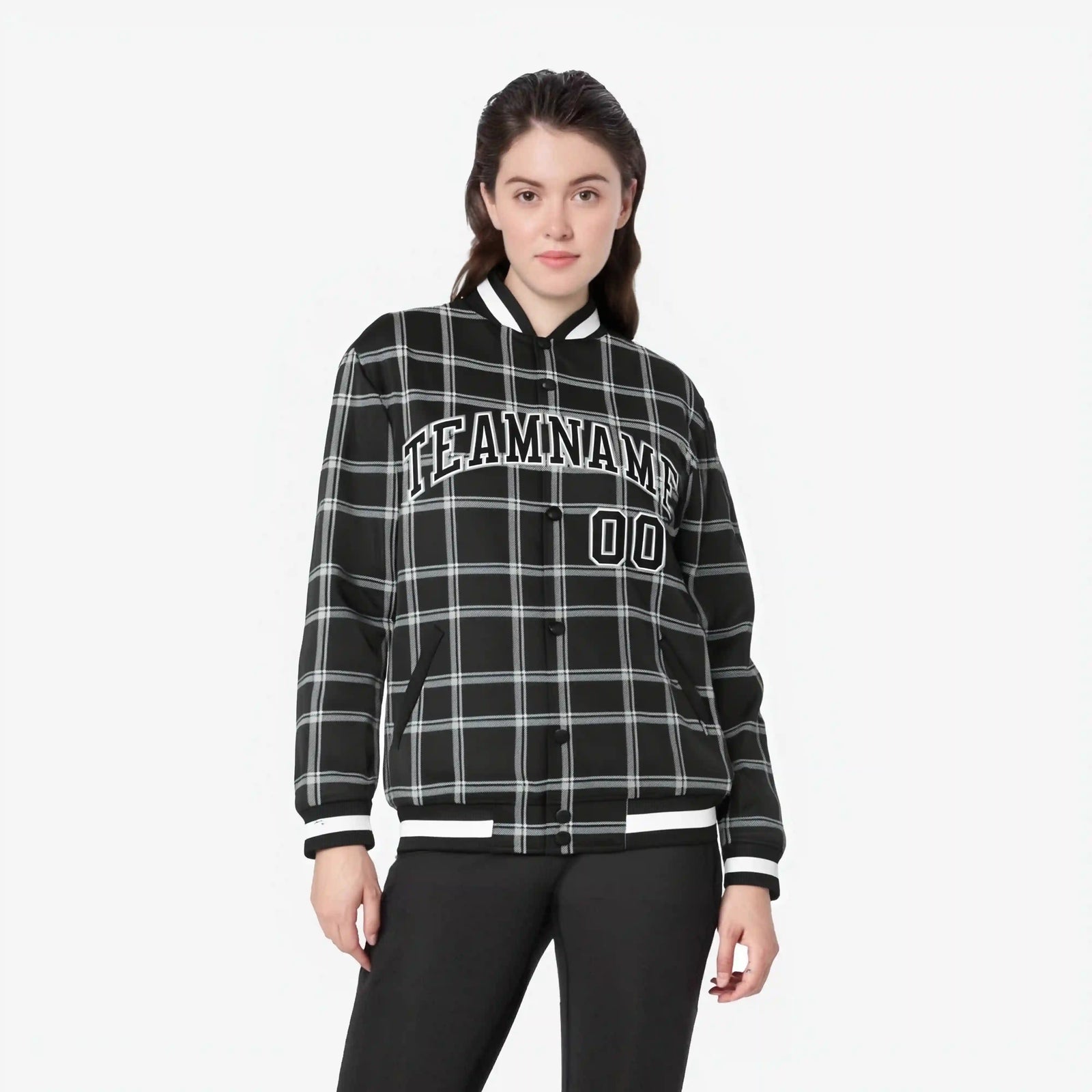 Custom Dark Gray-White Varsity Full-Snap Plaid Pattern Letterman Baseball Jacket