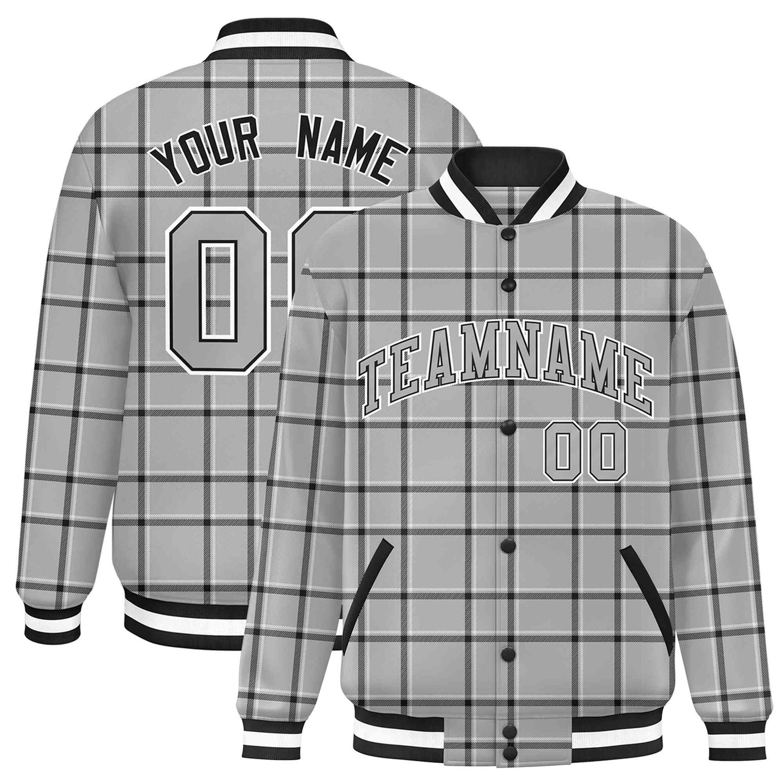 Custom Gray-Dark Gray Varsity Full-Snap Plaid Pattern Letterman Baseball Jacket