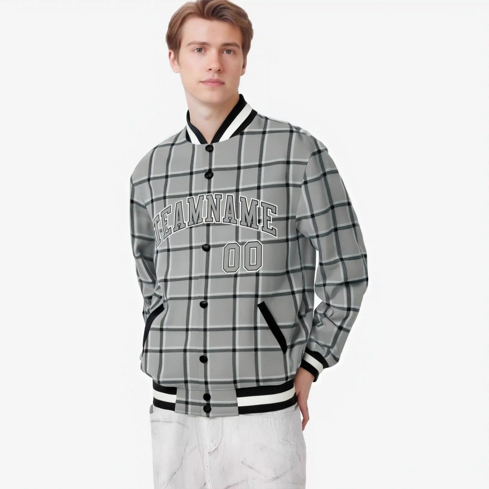 Custom Gray-Dark Gray Varsity Full-Snap Plaid Pattern Letterman Baseball Jacket