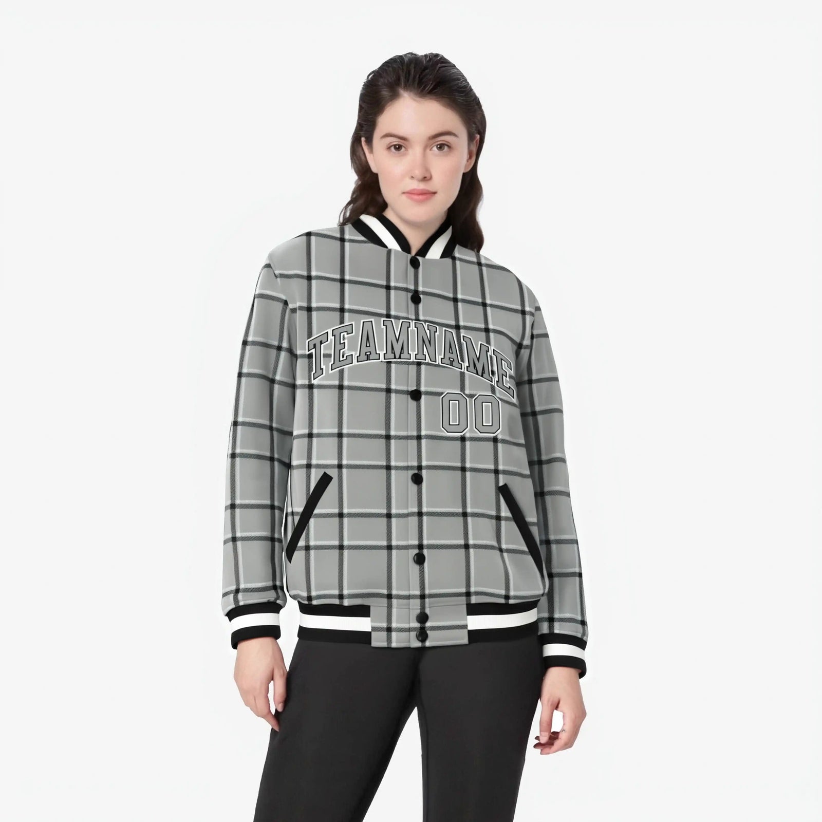 Custom Gray-Dark Gray Varsity Full-Snap Plaid Pattern Letterman Baseball Jacket