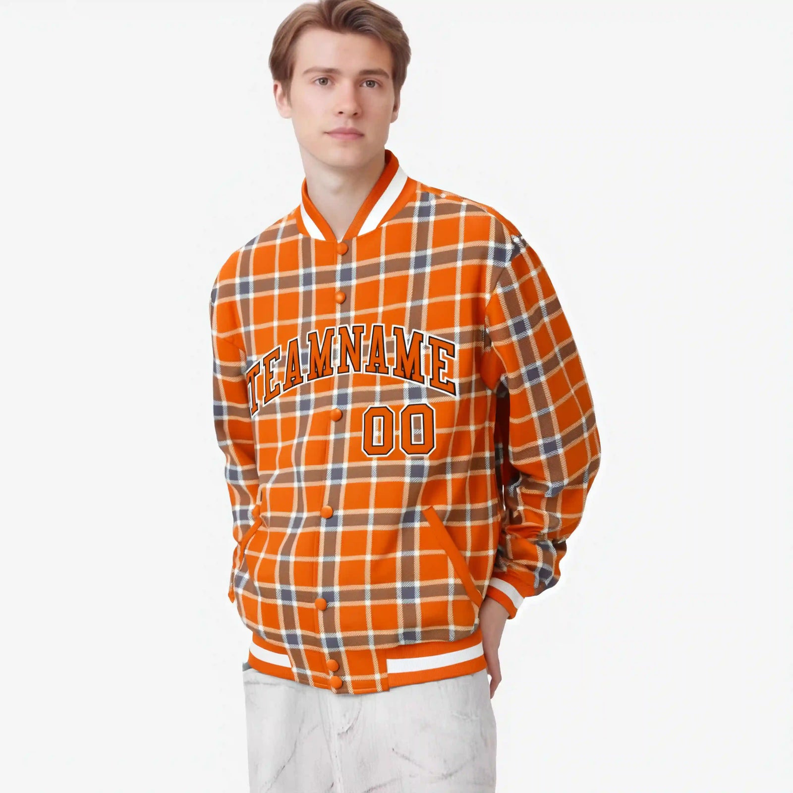 Custom Orange-Light Brown Varsity Full-Snap Plaid Pattern Letterman Baseball Jacket