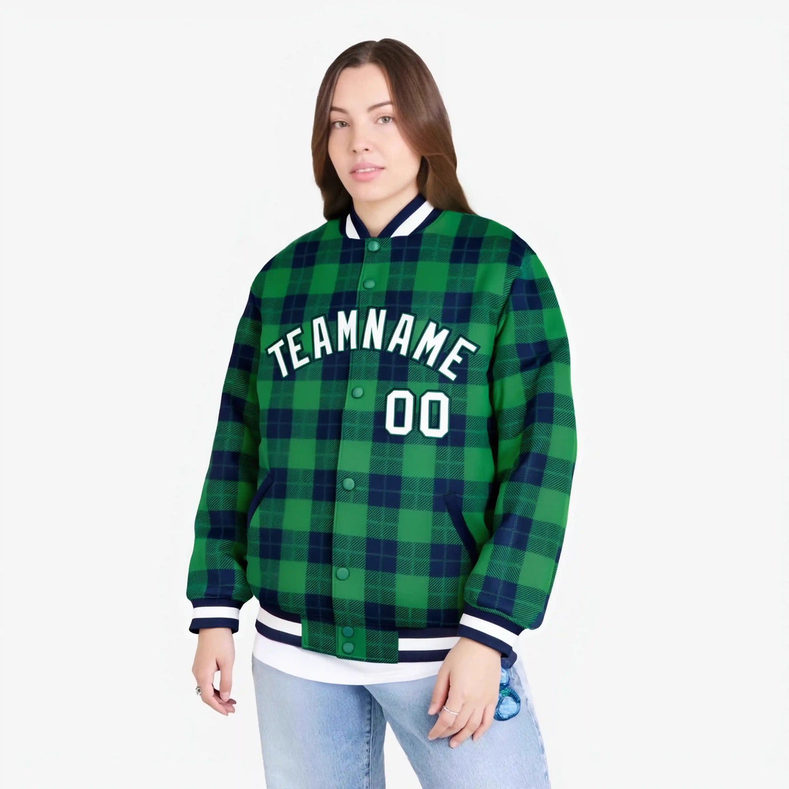 Custom Kelly Green-Navy Varsity Full-Snap Plaid Pattern Letterman Baseball Jacket