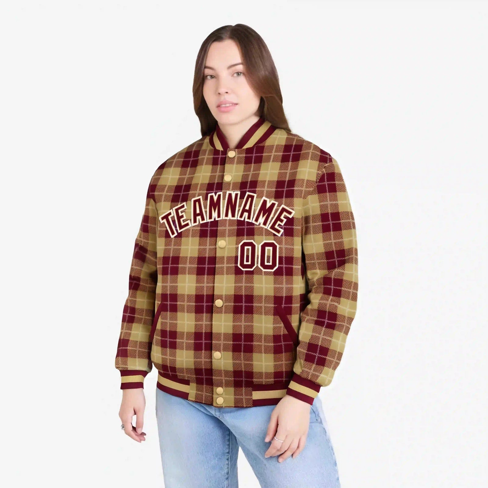 Custom Red-Gold Varsity Full-Snap Plaid Pattern Letterman Baseball Jacket