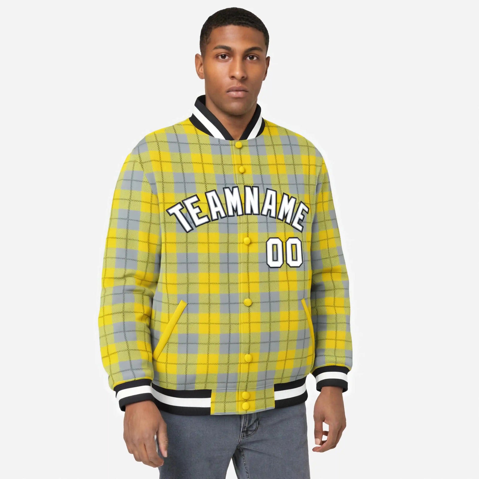Custom Gold-Gray Varsity Full-Snap Plaid Pattern Letterman Baseball Jacket