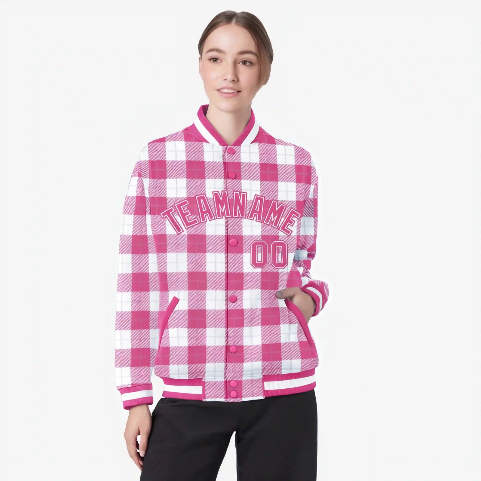 Custom Pink-White Varsity Full-Snap Plaid Pattern Letterman Baseball Jacket