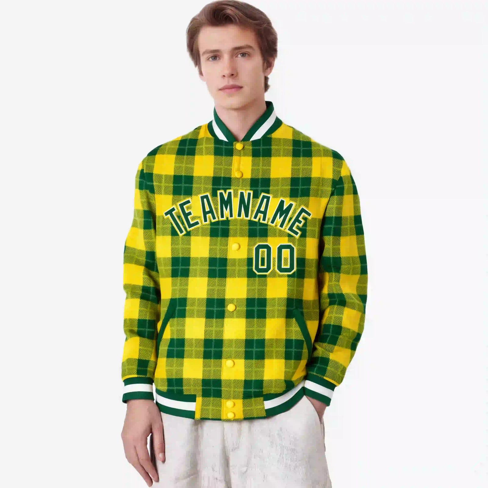 Custom Gold-Green Varsity Full-Snap Plaid Pattern Letterman Baseball Jacket