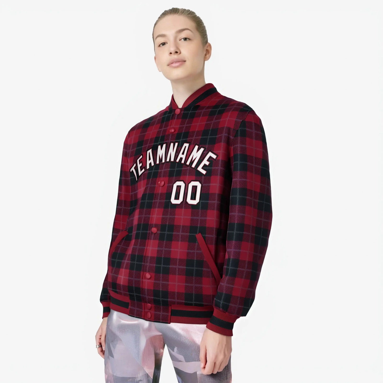 Custom Crimson-Black Varsity Full-Snap Plaid Pattern Letterman Baseball Jacket