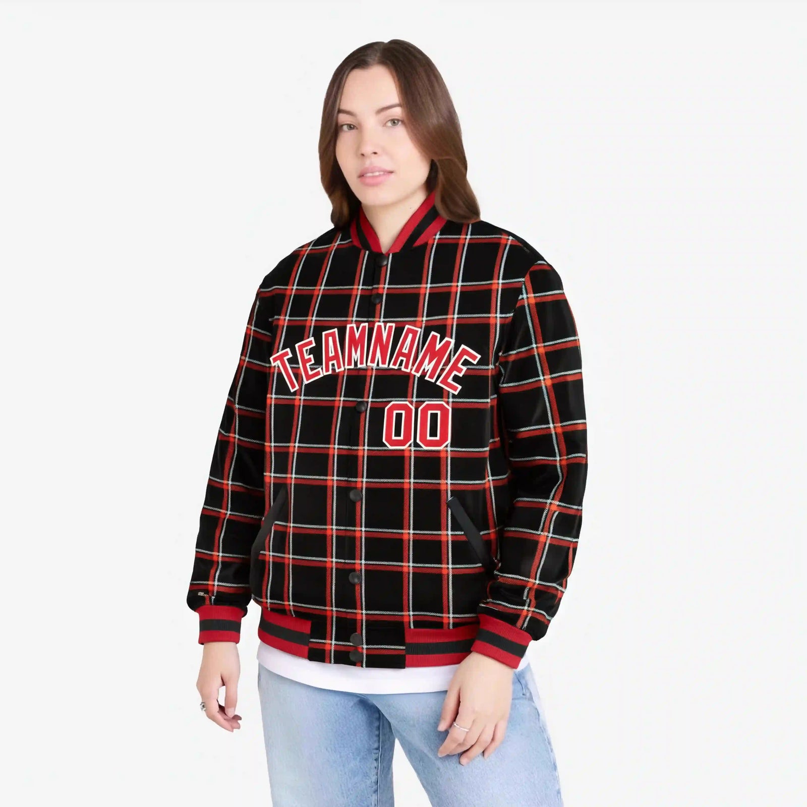 Custom Black-Red Varsity Full-Snap Plaid Pattern Letterman Baseball Jacket