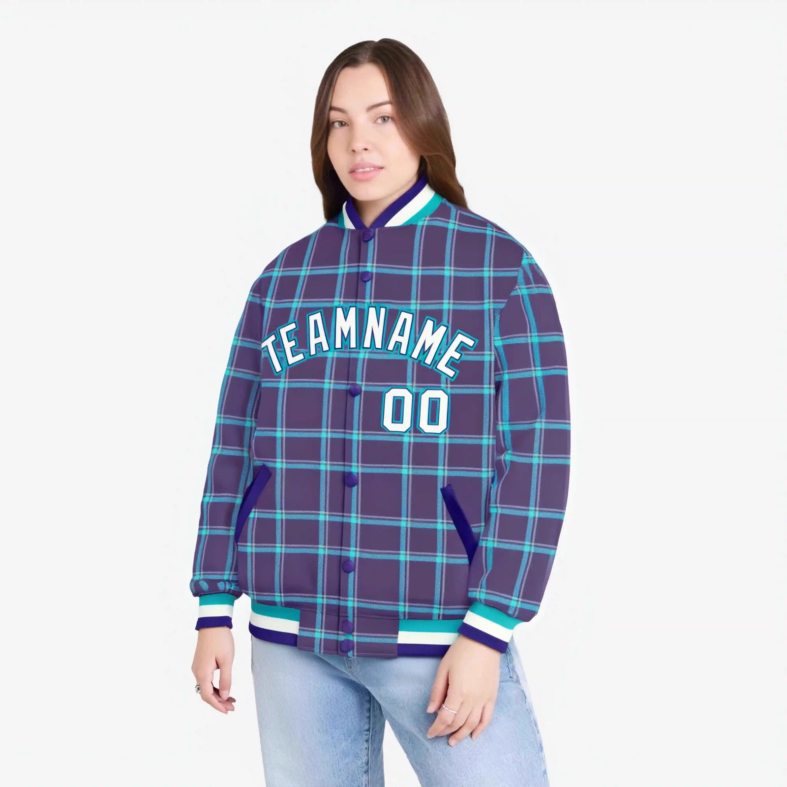 Custom Purple-Aqua Varsity Full-Snap Plaid Pattern Letterman Baseball Jacket