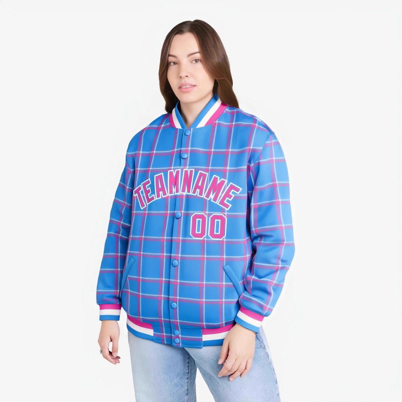 Custom Powder Blue-Pink Varsity Full-Snap Plaid Pattern Letterman Baseball Jacket