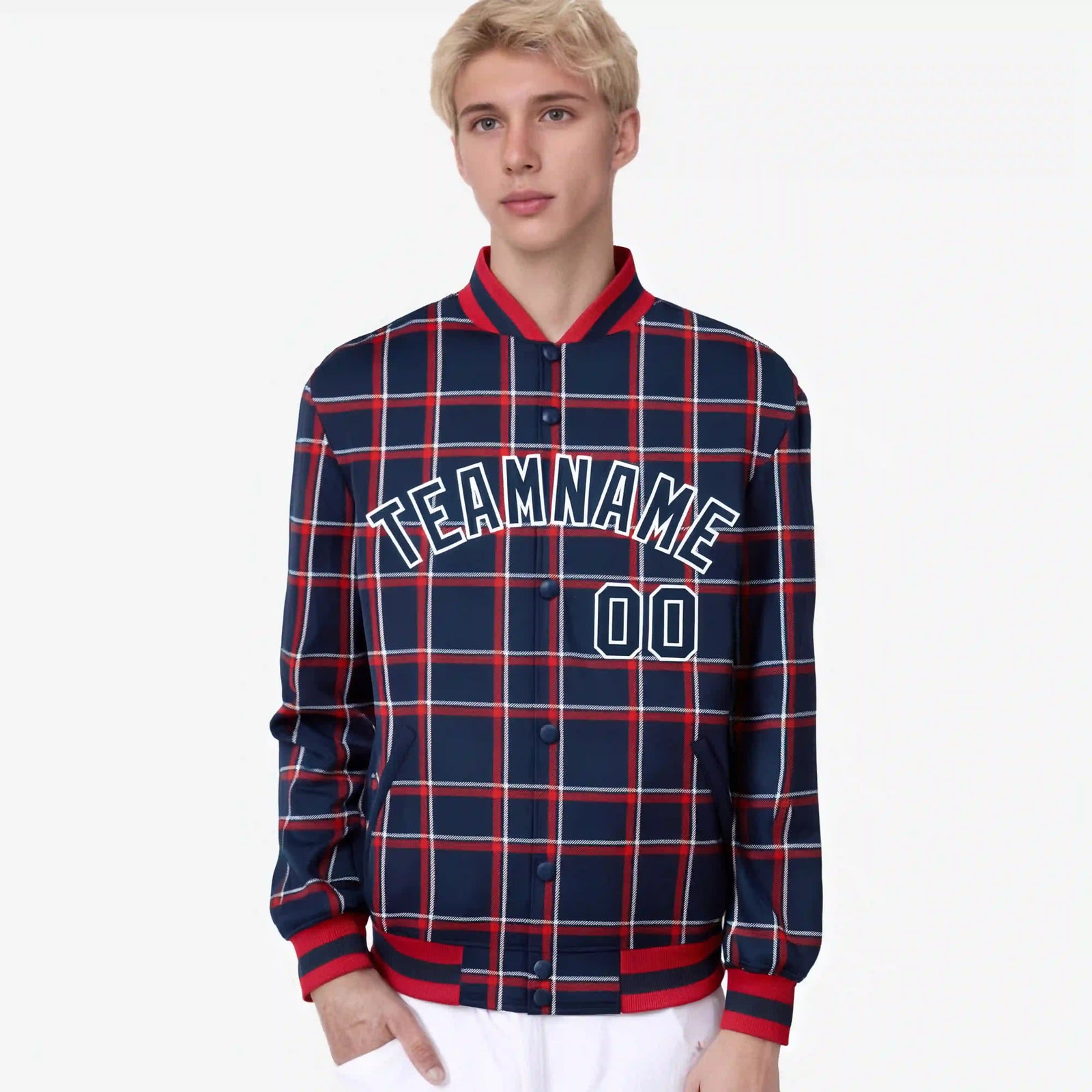Custom Navy-Red Varsity Full-Snap Plaid Pattern Letterman Baseball Jacket