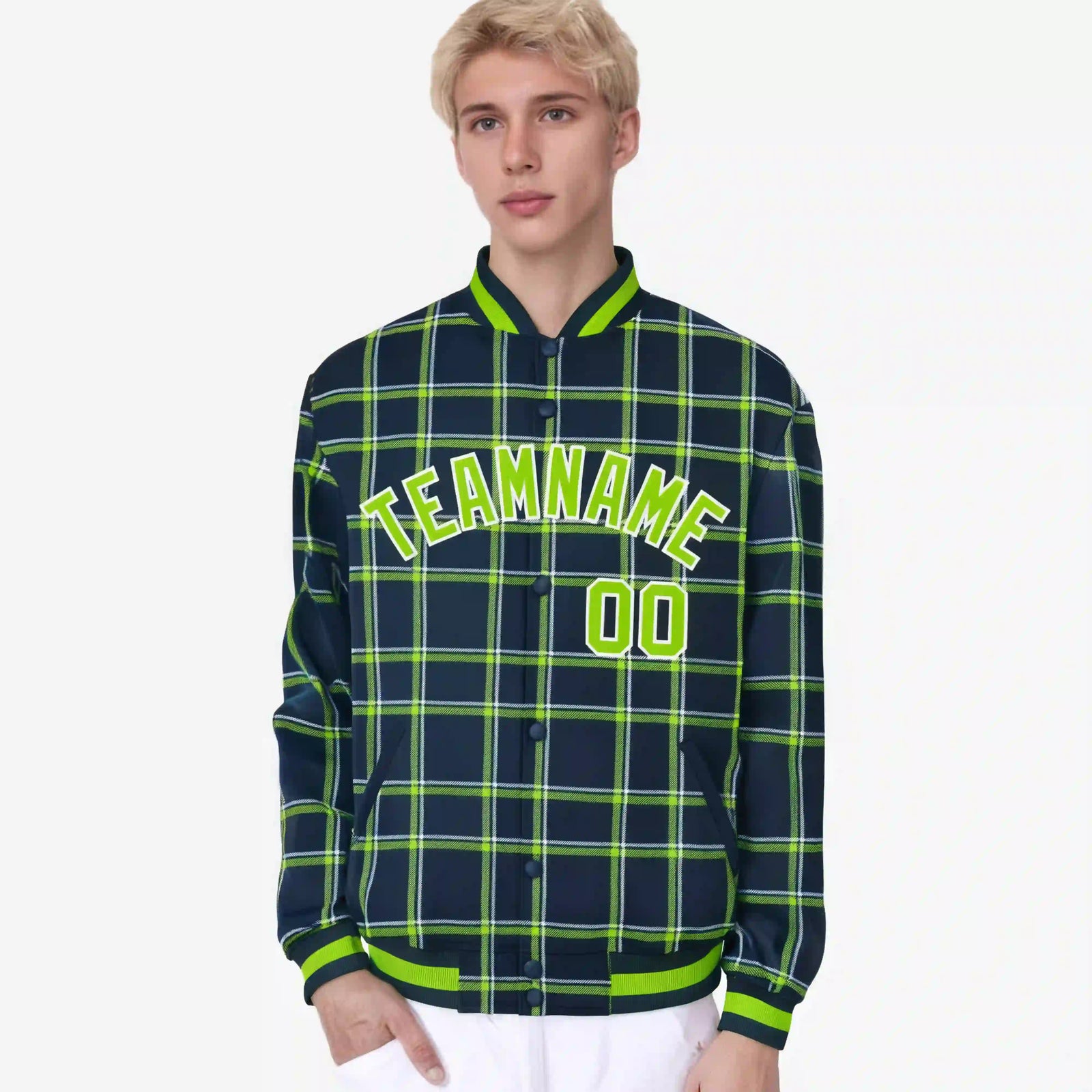 Custom Navy-Kelly Green Varsity Full-Snap Plaid Pattern Letterman Baseball Jacket